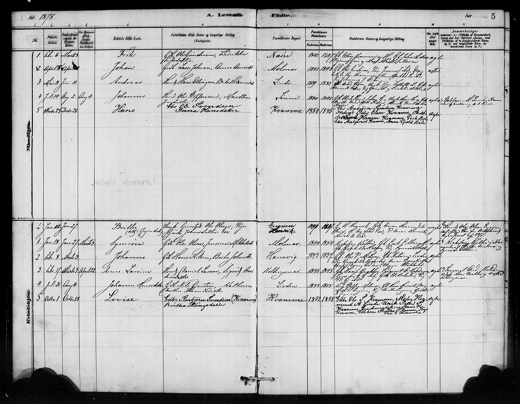 Vik sokneprestembete, AV/SAB-A-81501/H/Haa/Haad/L0001: Parish register (official) no. D 1, 1878-1890, p. 5