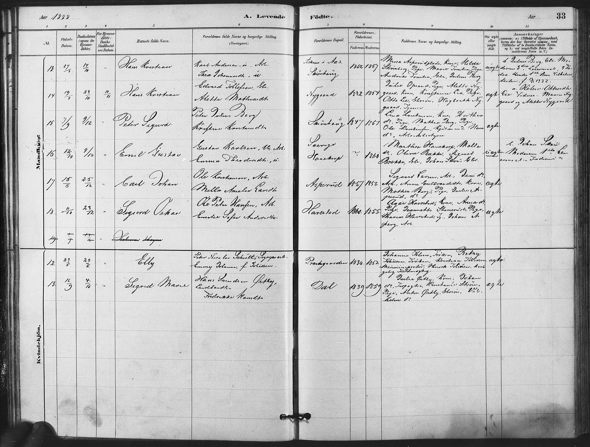 Kråkstad prestekontor Kirkebøker, AV/SAO-A-10125a/F/Fa/L0009: Parish register (official) no. I 9, 1880-1892, p. 33