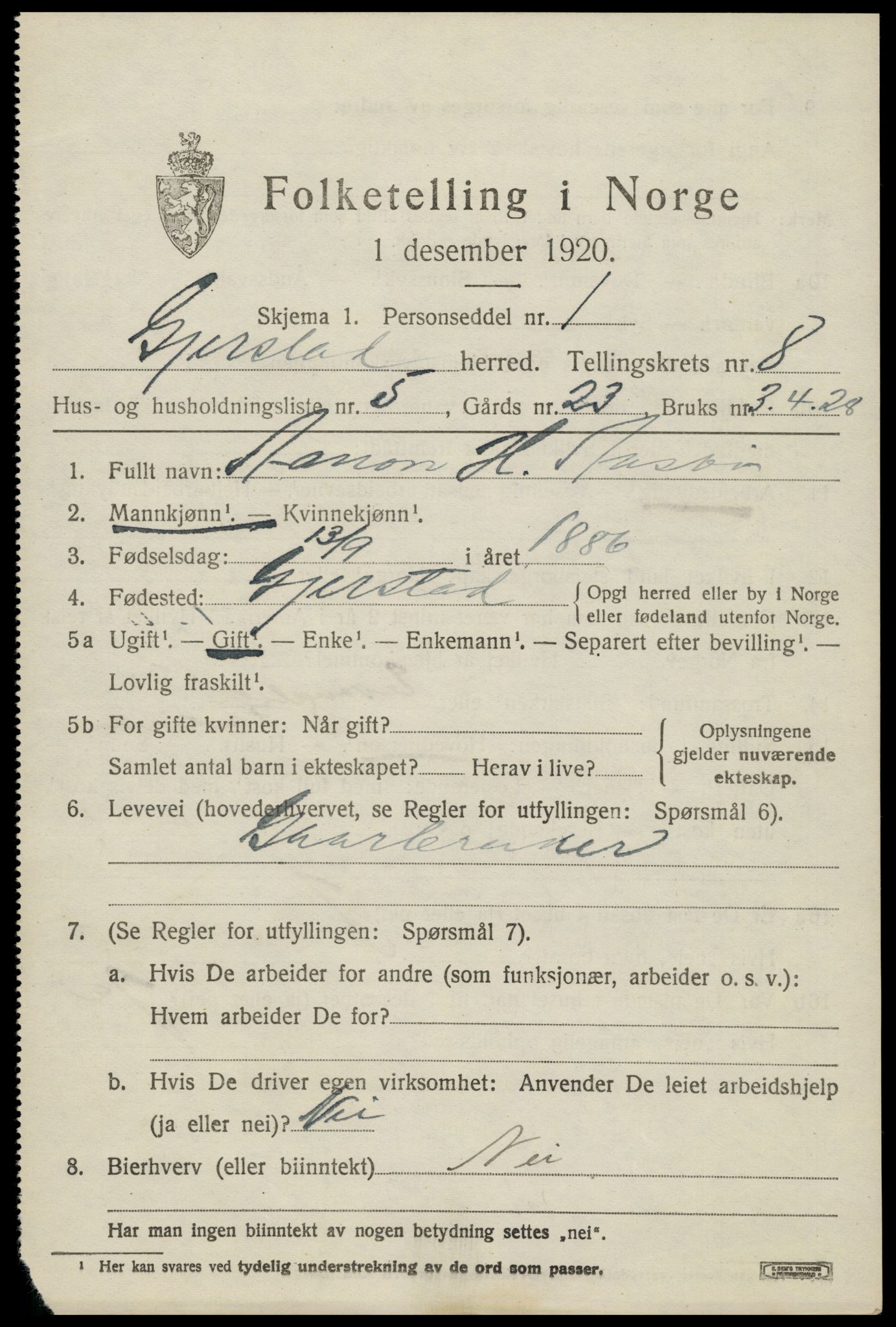 SAK, 1920 census for Gjerstad, 1920, p. 5319