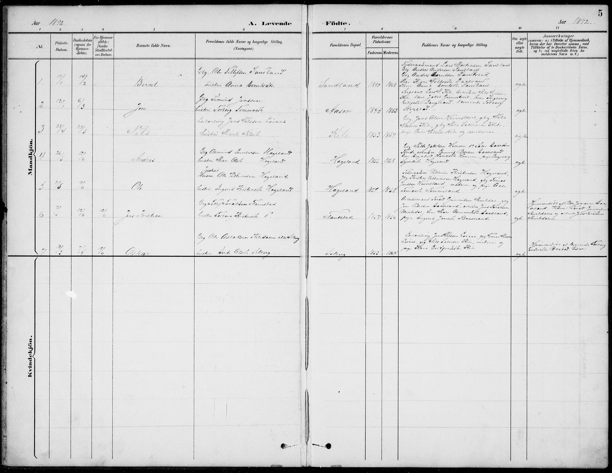 Vennesla sokneprestkontor, AV/SAK-1111-0045/Fb/Fba/L0003: Parish register (copy) no. B 3, 1890-1919, p. 5