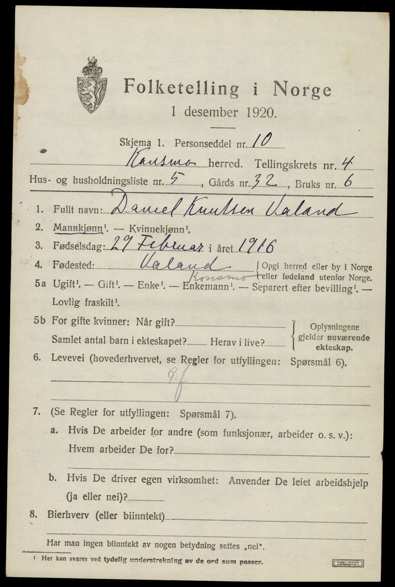 SAK, 1920 census for Konsmo, 1920, p. 1252