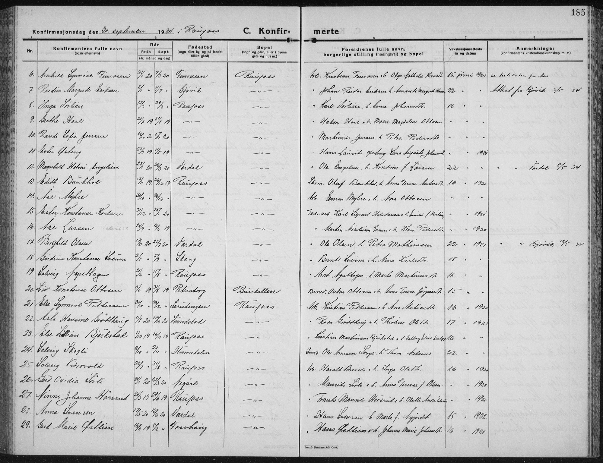 Vestre Toten prestekontor, AV/SAH-PREST-108/H/Ha/Hab/L0018: Parish register (copy) no. 18, 1928-1941, p. 185