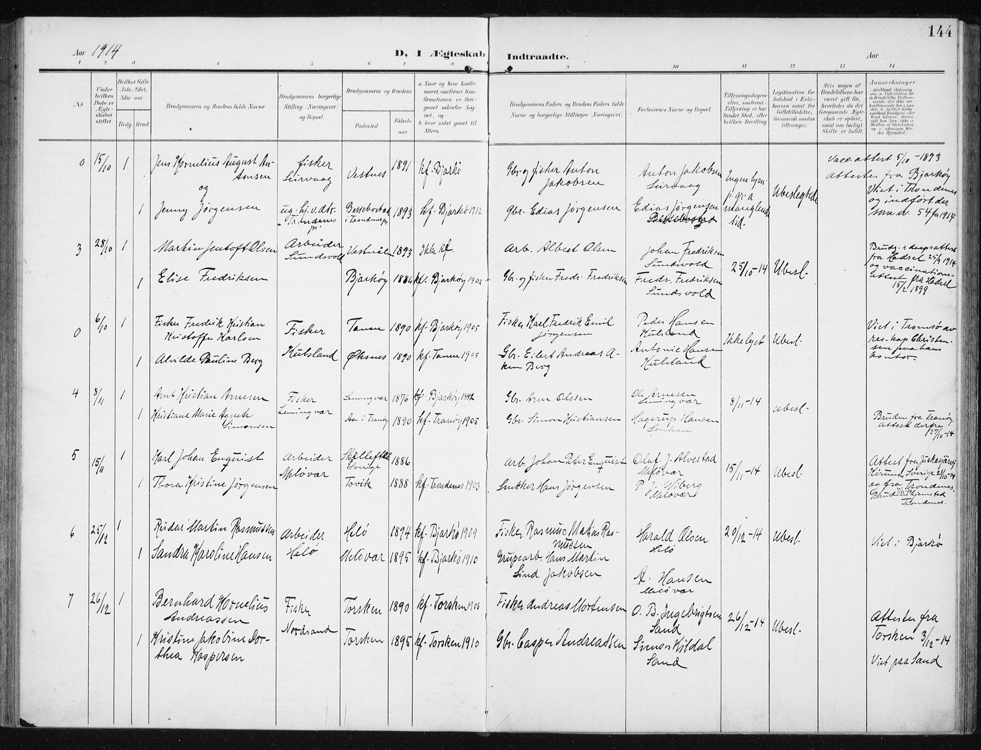Sand/Bjarkøy sokneprestkontor, AV/SATØ-S-0811/I/Ia/Iaa/L0005kirke: Parish register (official) no. 5, 1905-1914, p. 144