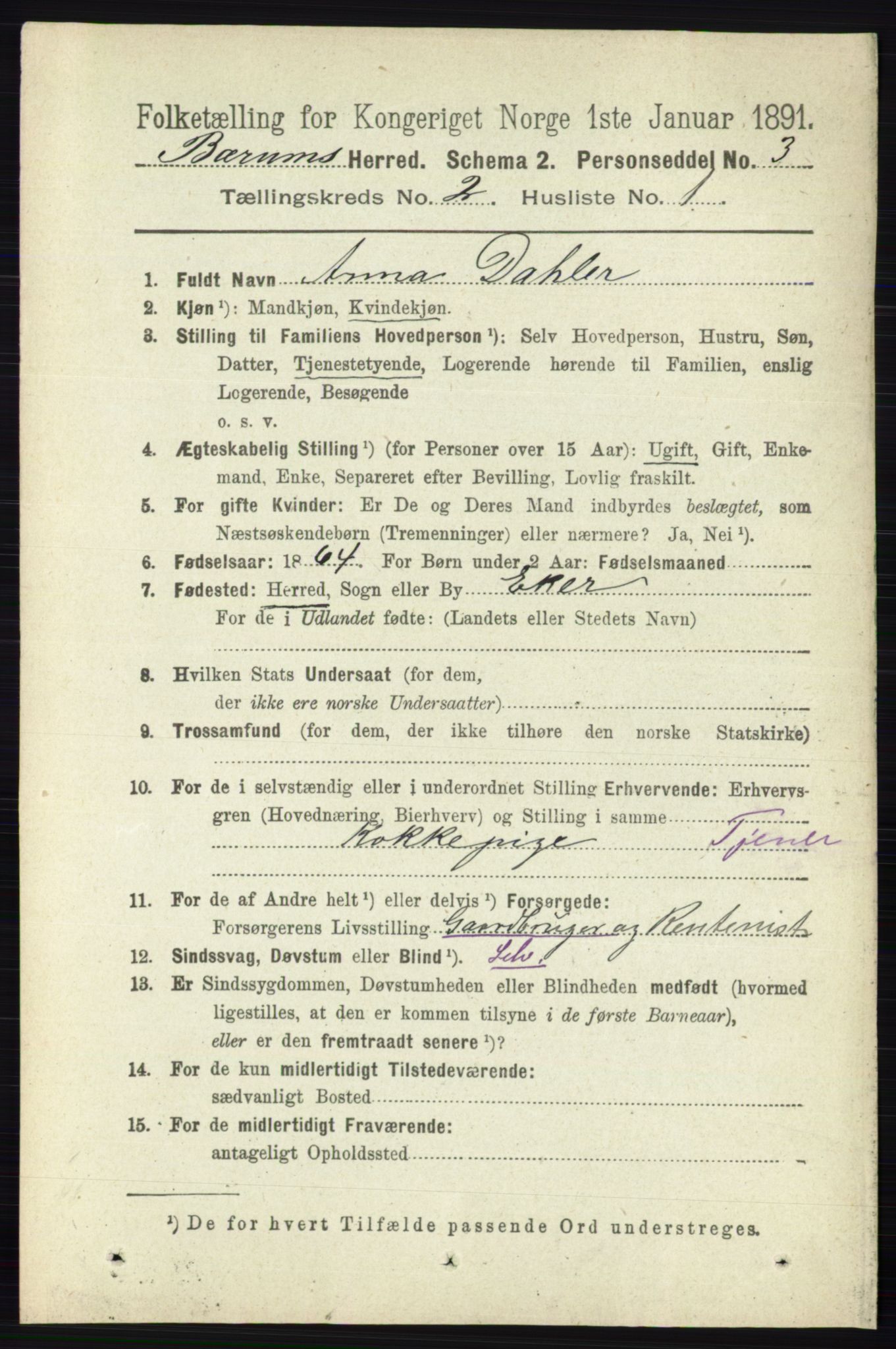 RA, 1891 census for 0219 Bærum, 1891, p. 1075