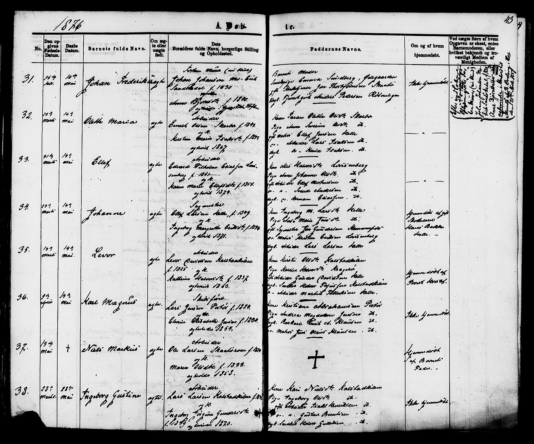 Skåtøy kirkebøker, AV/SAKO-A-304/F/Fa/L0001: Parish register (official) no. I 1, 1874-1883, p. 43