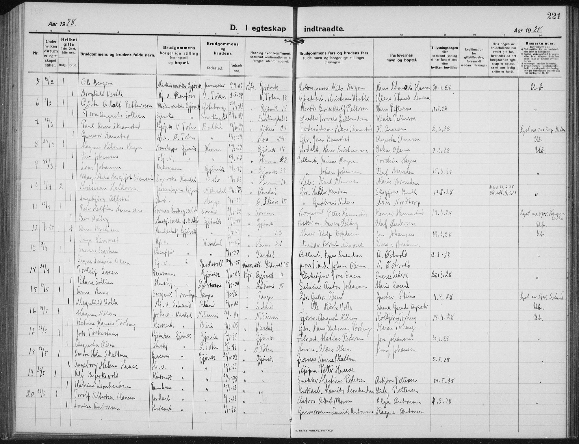 Vardal prestekontor, SAH/PREST-100/H/Ha/Hab/L0017: Parish register (copy) no. 17, 1922-1941, p. 221