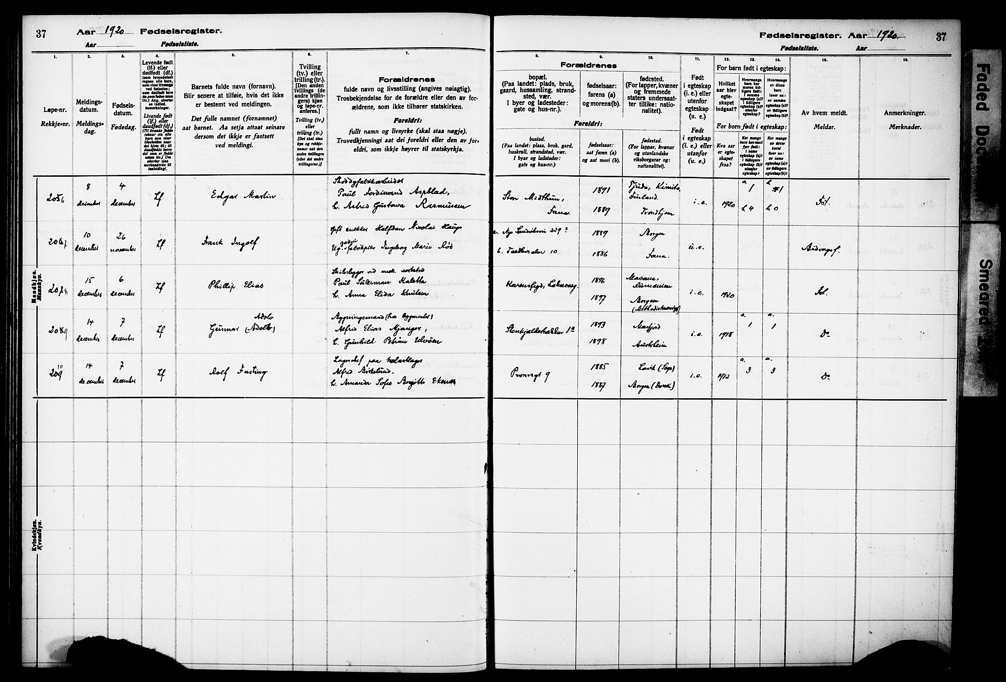 Kvinneklinikken, AV/SAB-A-76301/F/L0A02: Birth register no. A 2, 1920-1924, p. 37