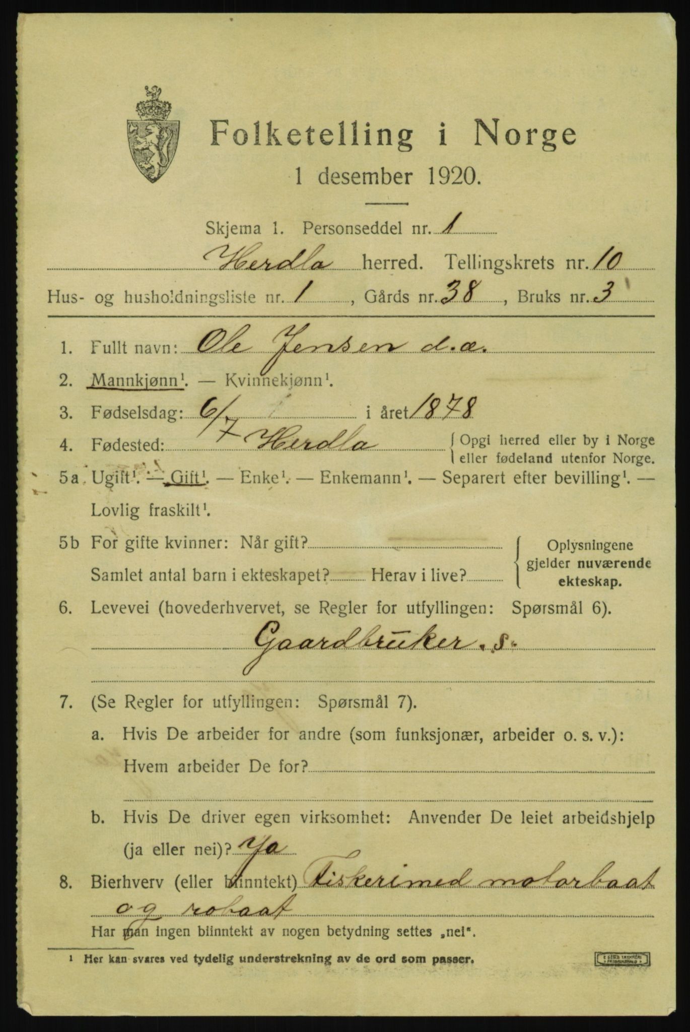 SAB, 1920 census for Herdla, 1920, p. 7191