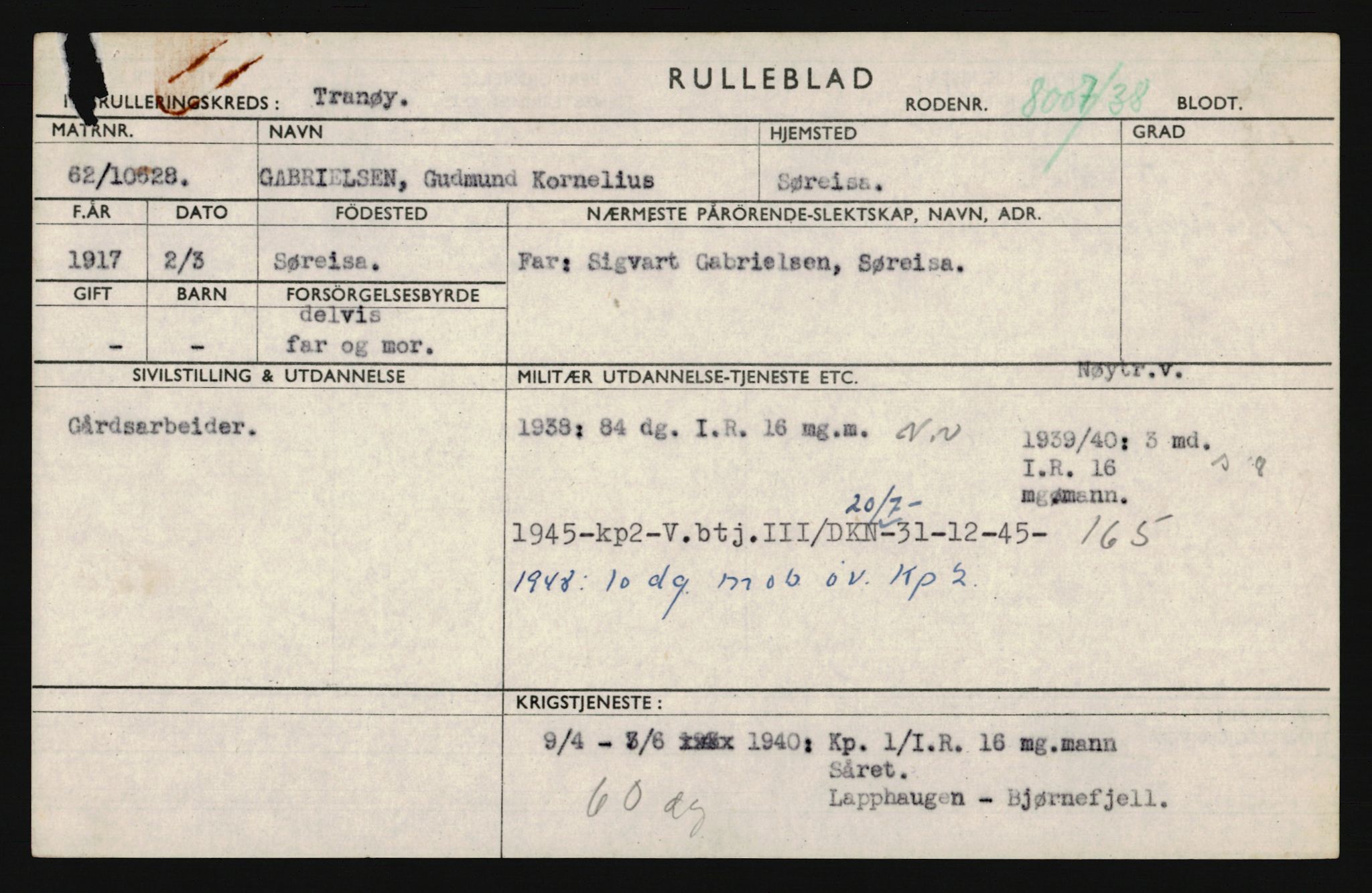 Forsvaret, Troms infanteriregiment nr. 16, AV/RA-RAFA-3146/P/Pa/L0022: Rulleblad for regimentets menige mannskaper, årsklasse 1938, 1938, p. 315