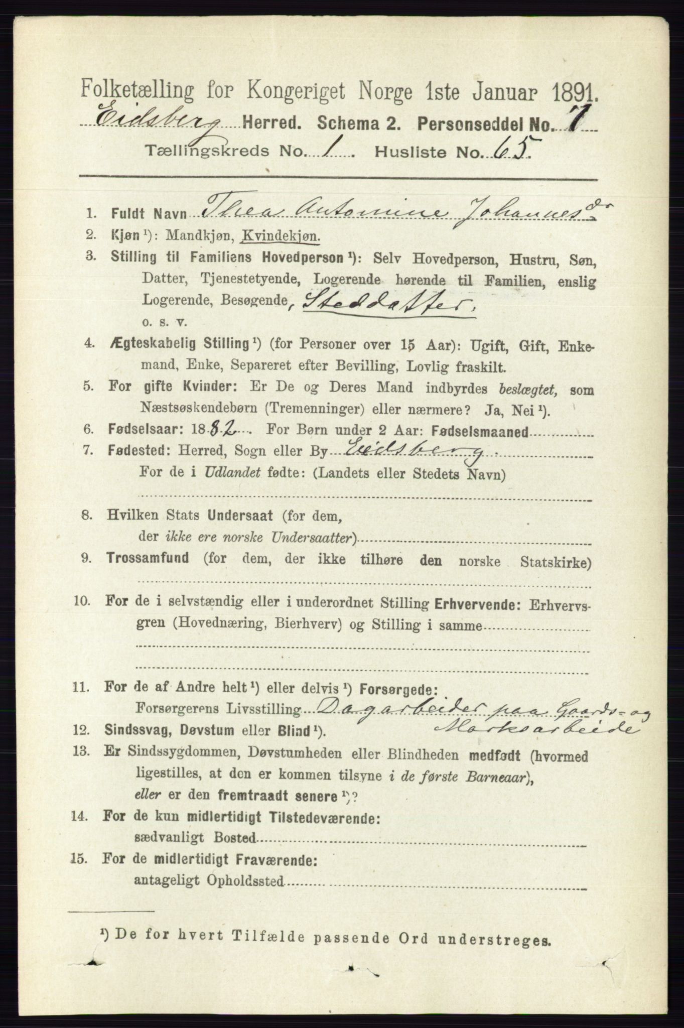 RA, 1891 census for 0125 Eidsberg, 1891, p. 550