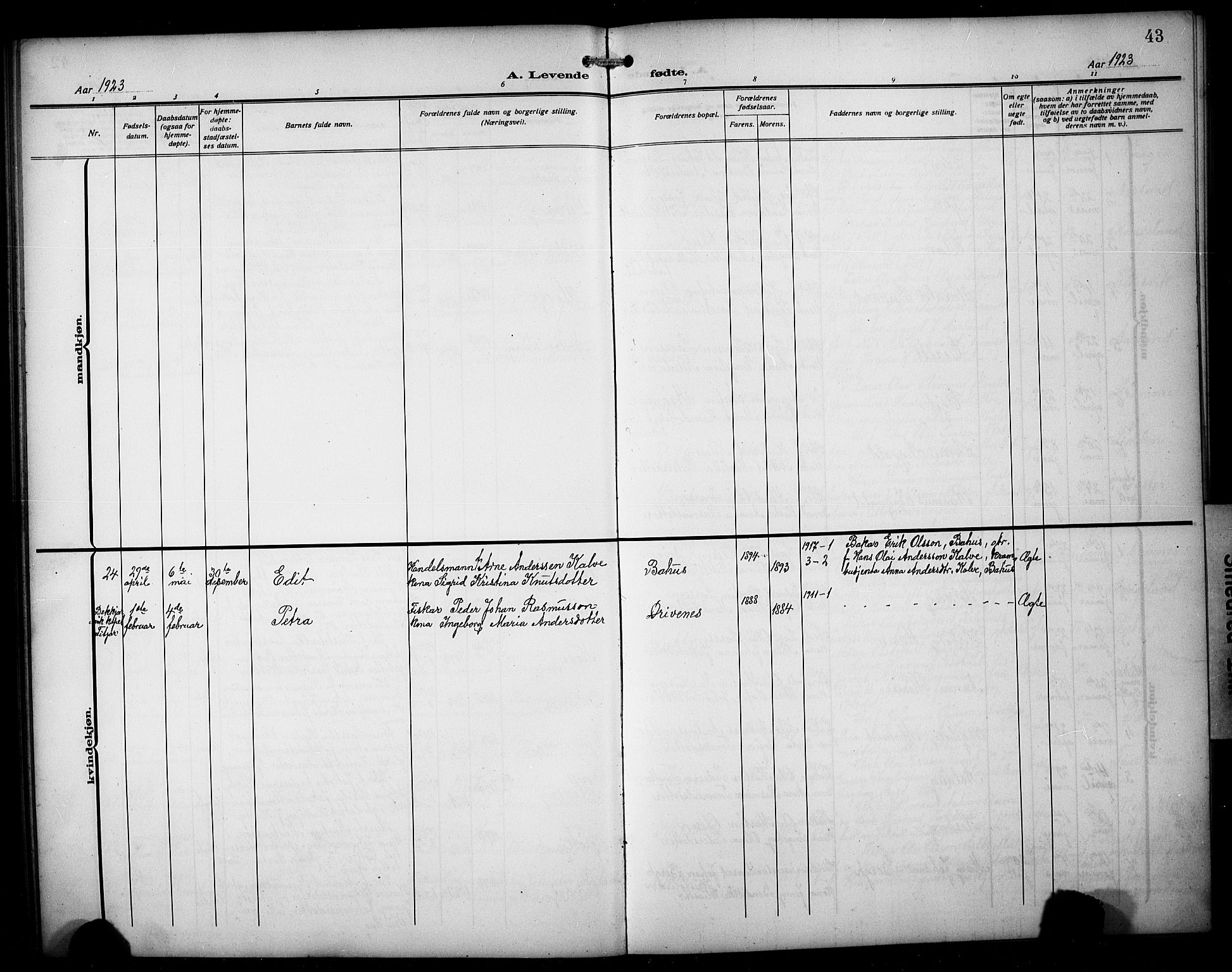 Austevoll sokneprestembete, AV/SAB-A-74201/H/Ha/Hab/Habb/L0006: Parish register (copy) no. B 6, 1911-1925, p. 43