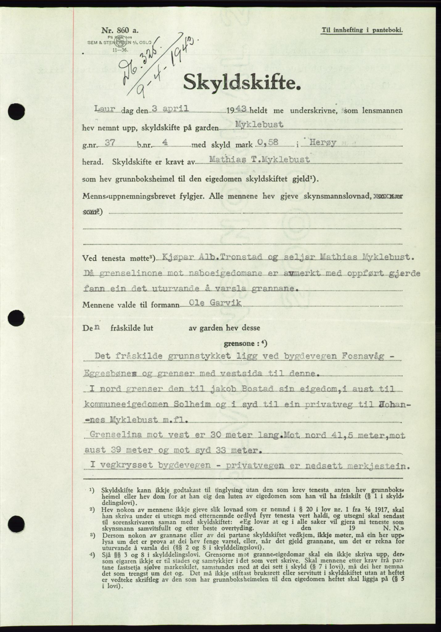 Søre Sunnmøre sorenskriveri, AV/SAT-A-4122/1/2/2C/L0075: Mortgage book no. 1A, 1943-1943, Diary no: : 325/1943