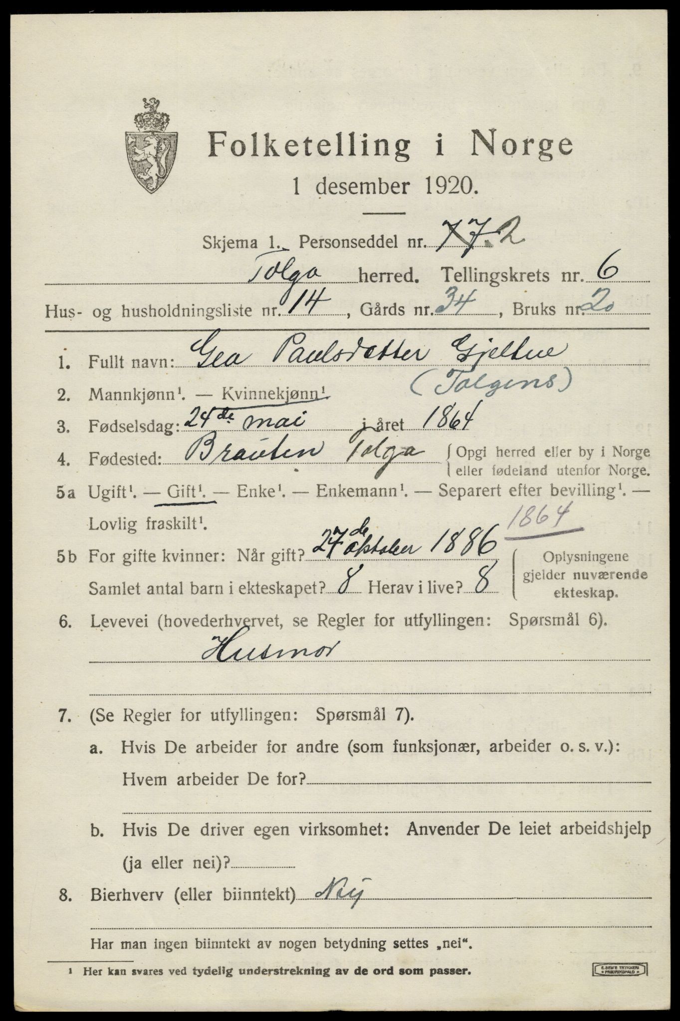 SAH, 1920 census for Tolga, 1920, p. 3777