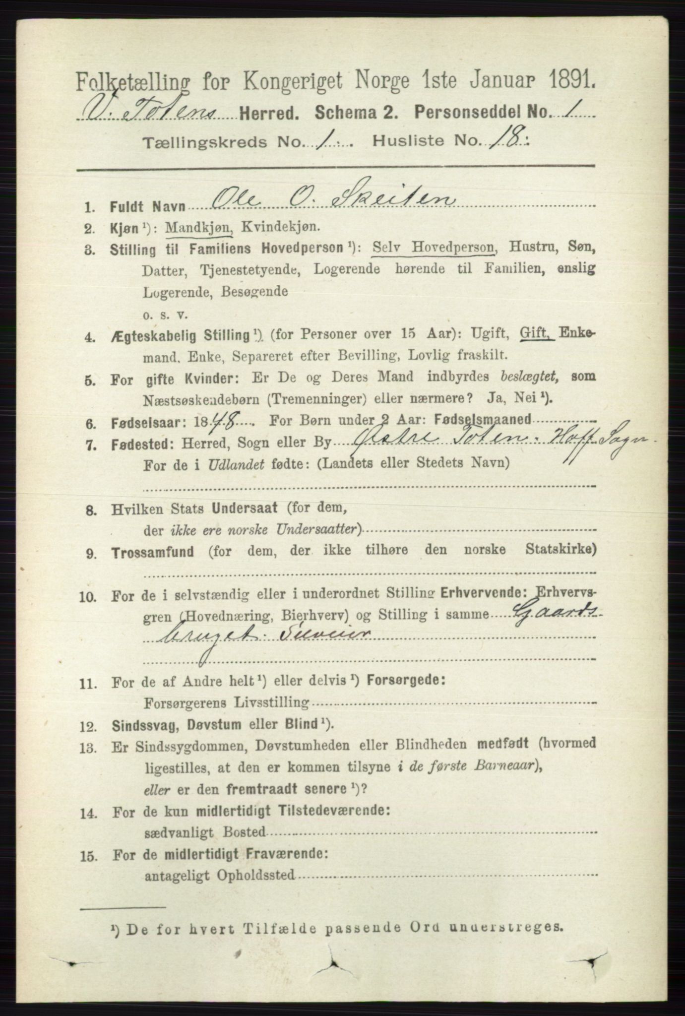 RA, 1891 census for 0529 Vestre Toten, 1891, p. 300
