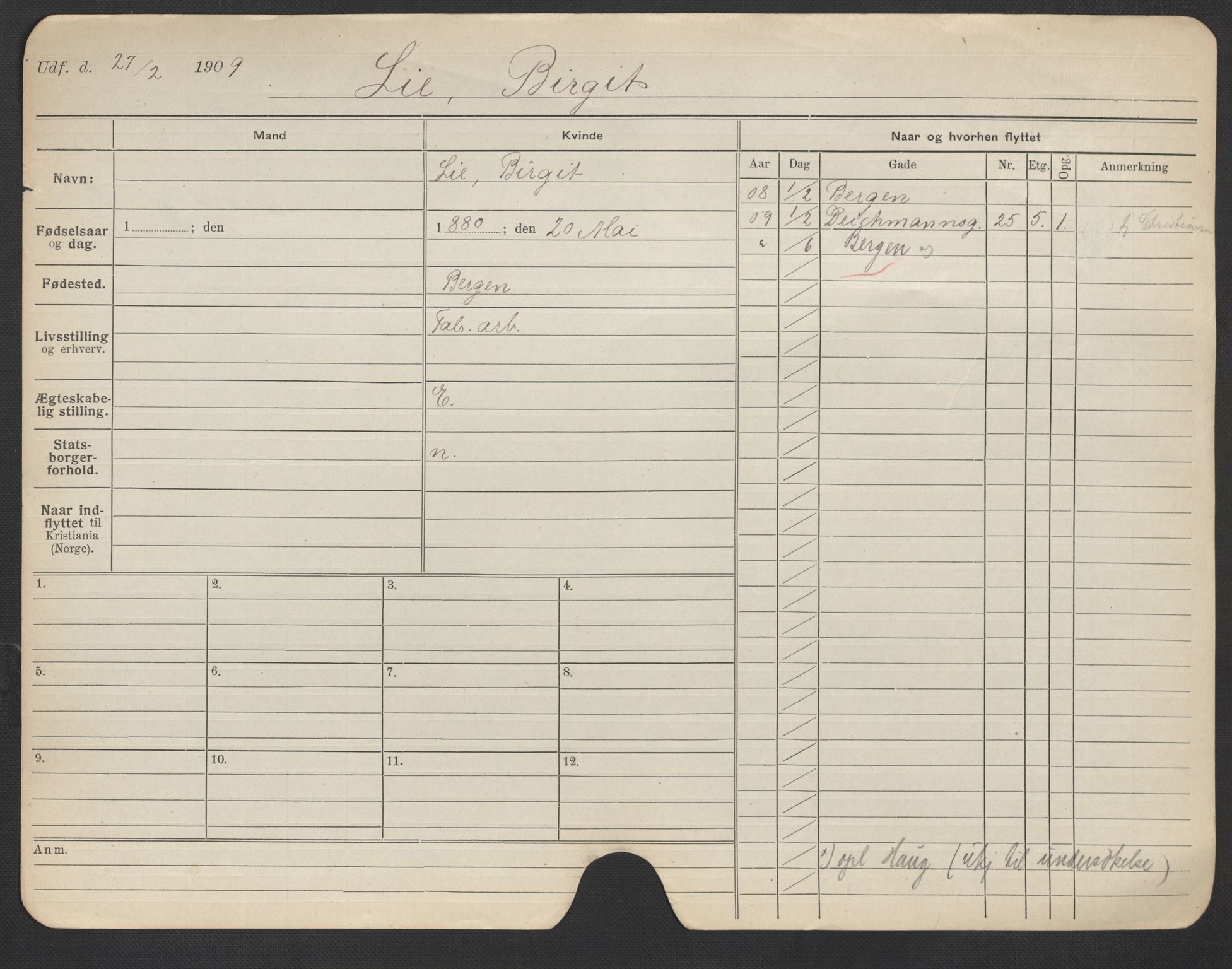 Oslo folkeregister, Registerkort, AV/SAO-A-11715/F/Fa/Fac/L0020: Kvinner, 1906-1914, p. 50a