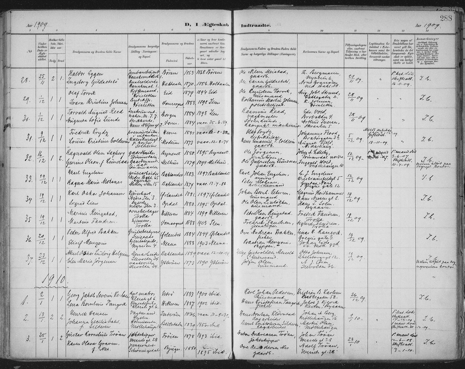 Ministerialprotokoller, klokkerbøker og fødselsregistre - Sør-Trøndelag, SAT/A-1456/603/L0167: Parish register (official) no. 603A06, 1896-1932, p. 288