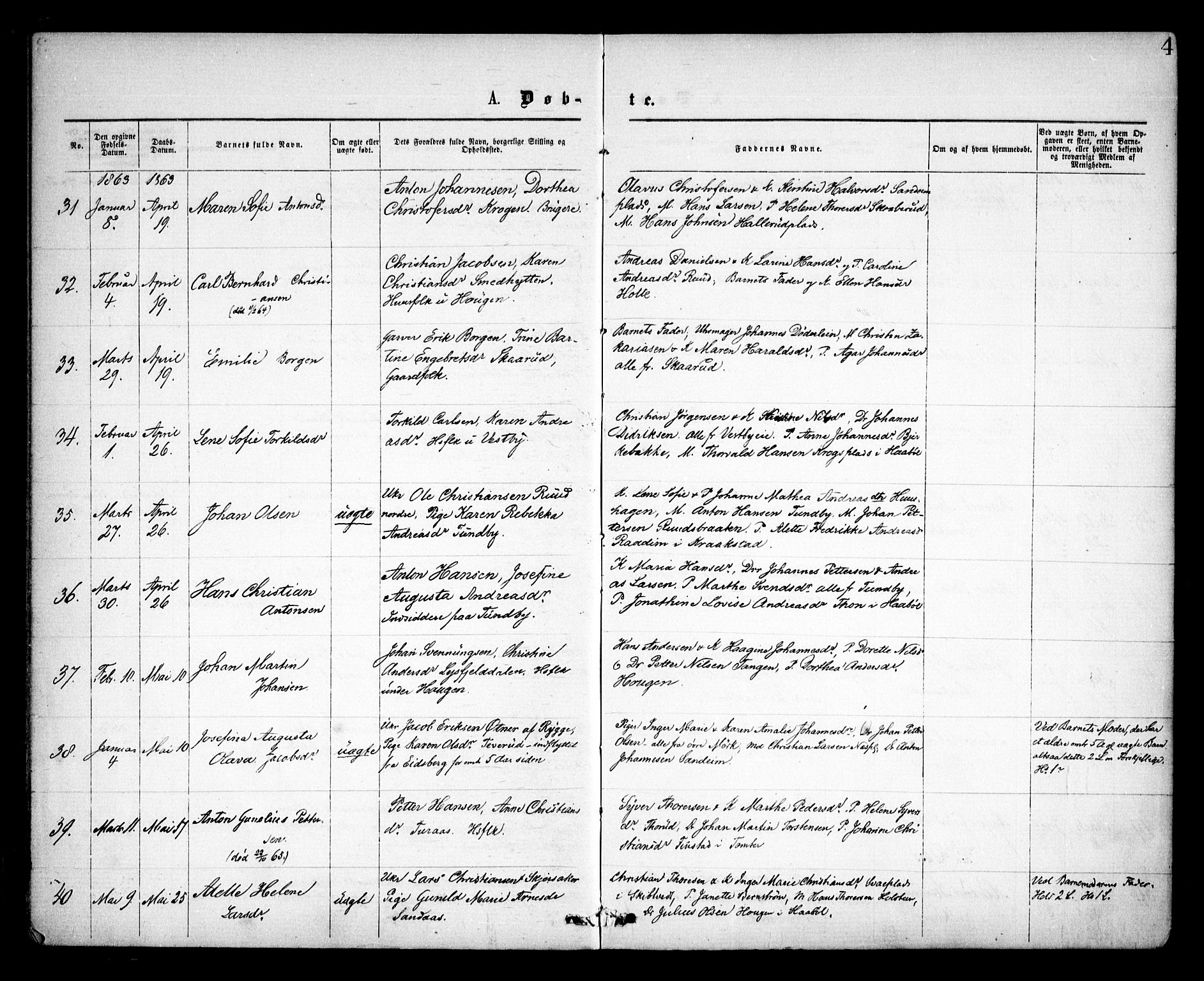 Spydeberg prestekontor Kirkebøker, SAO/A-10924/F/Fa/L0006: Parish register (official) no. I 6, 1863-1874, p. 4
