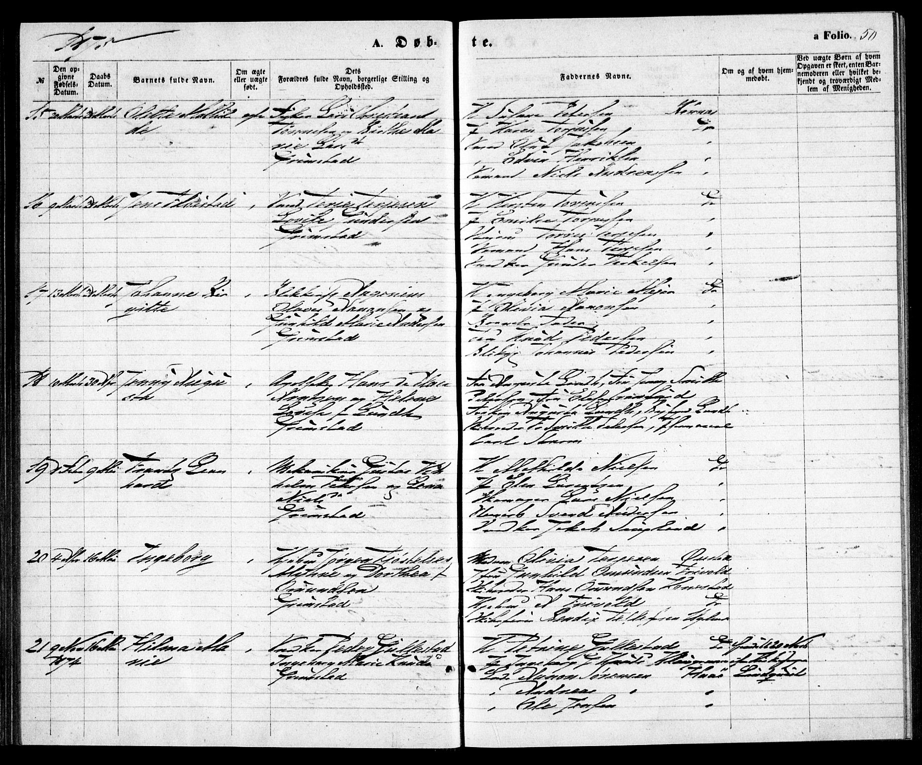 Grimstad sokneprestkontor, AV/SAK-1111-0017/F/Fa/L0002: Parish register (official) no. A 1, 1869-1881, p. 50