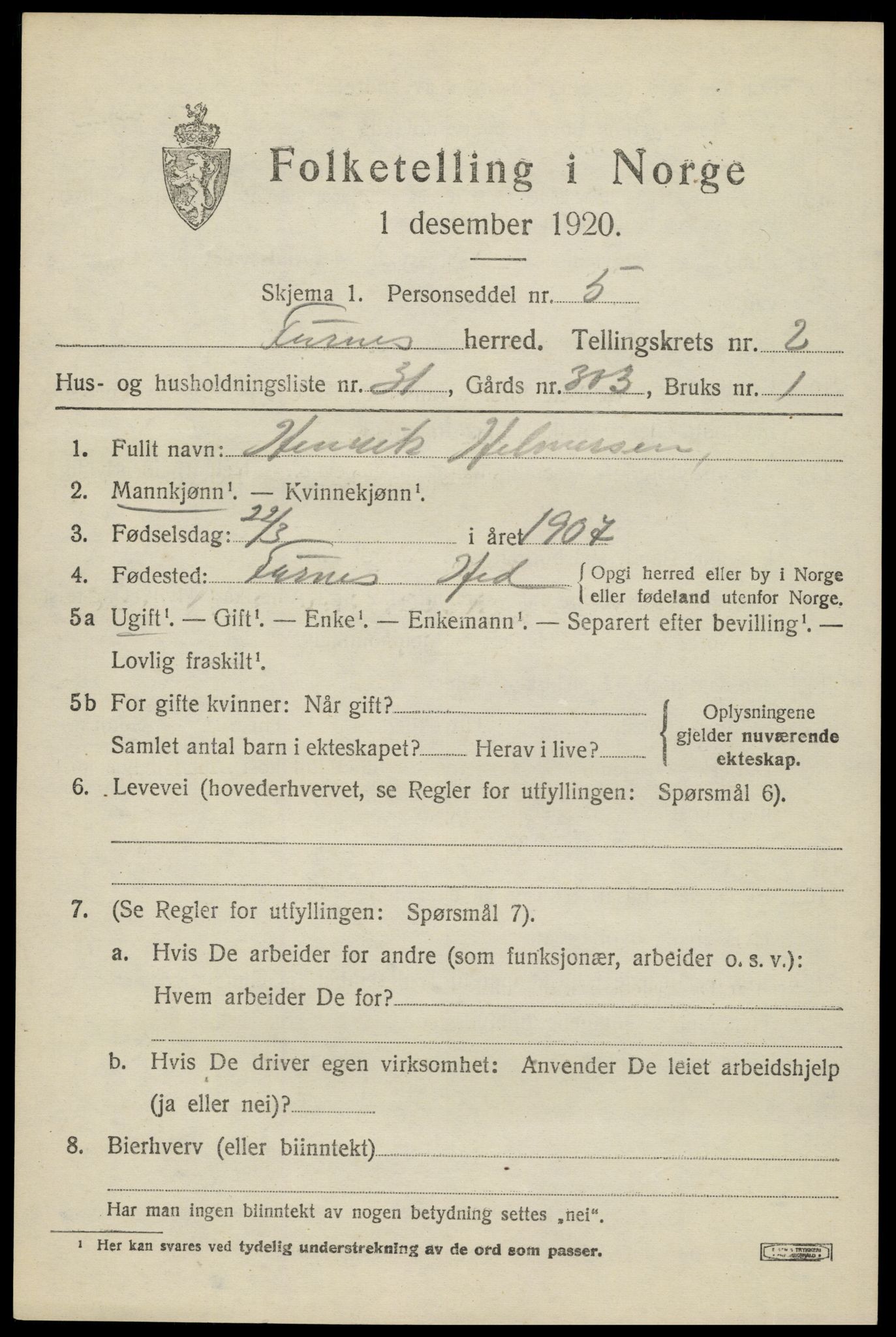 SAH, 1920 census for Furnes, 1920, p. 3425