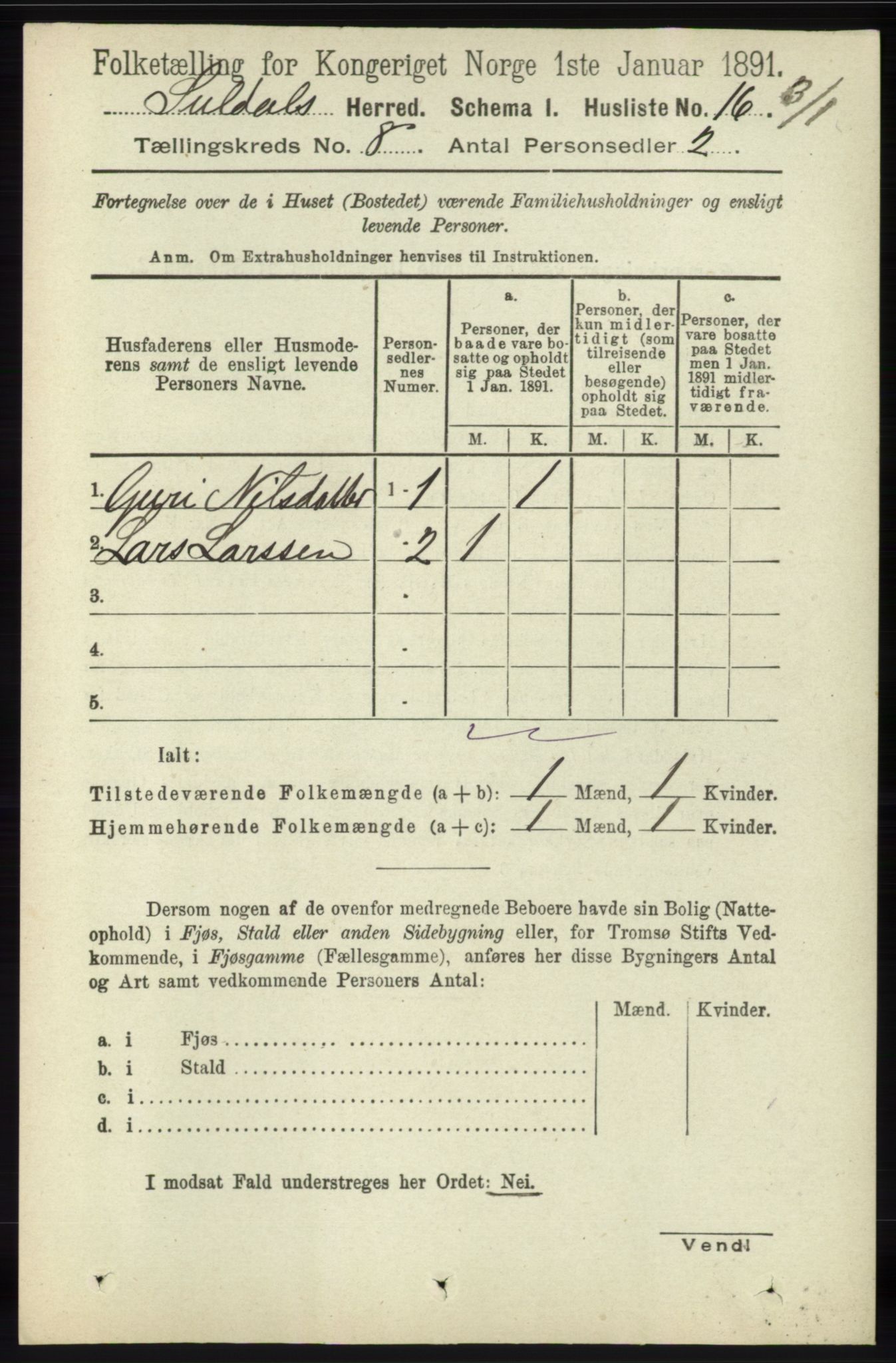RA, 1891 census for 1134 Suldal, 1891, p. 2254