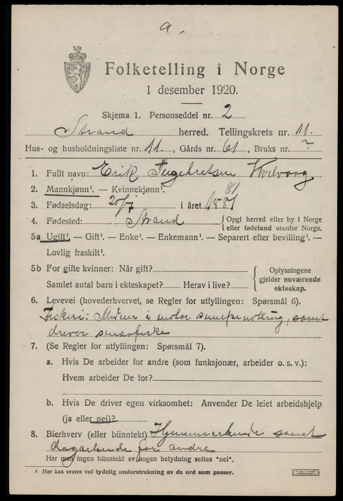 SAST, 1920 census for Strand, 1920, p. 7169