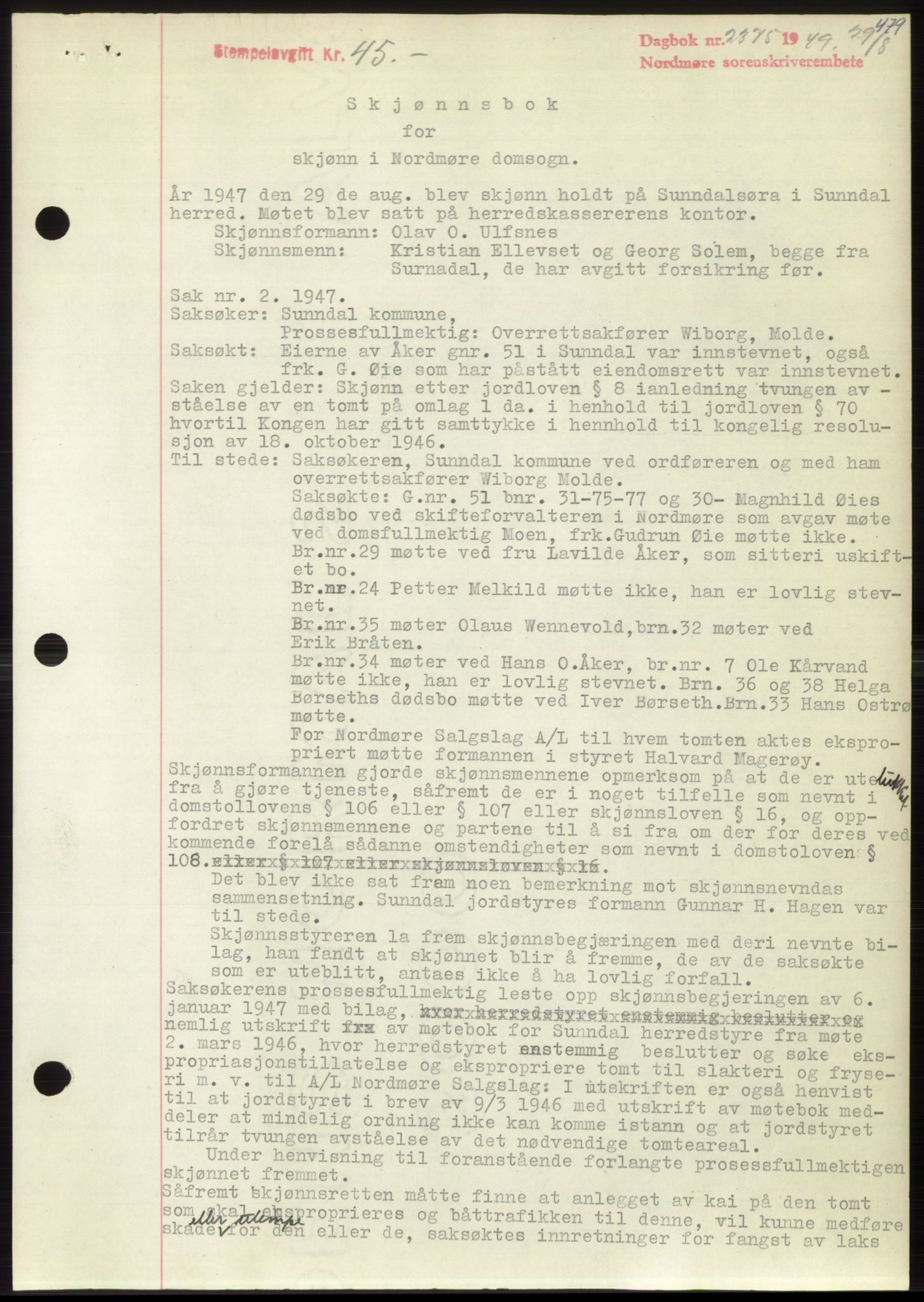 Nordmøre sorenskriveri, AV/SAT-A-4132/1/2/2Ca: Mortgage book no. B102, 1949-1949, Diary no: : 2375/1949