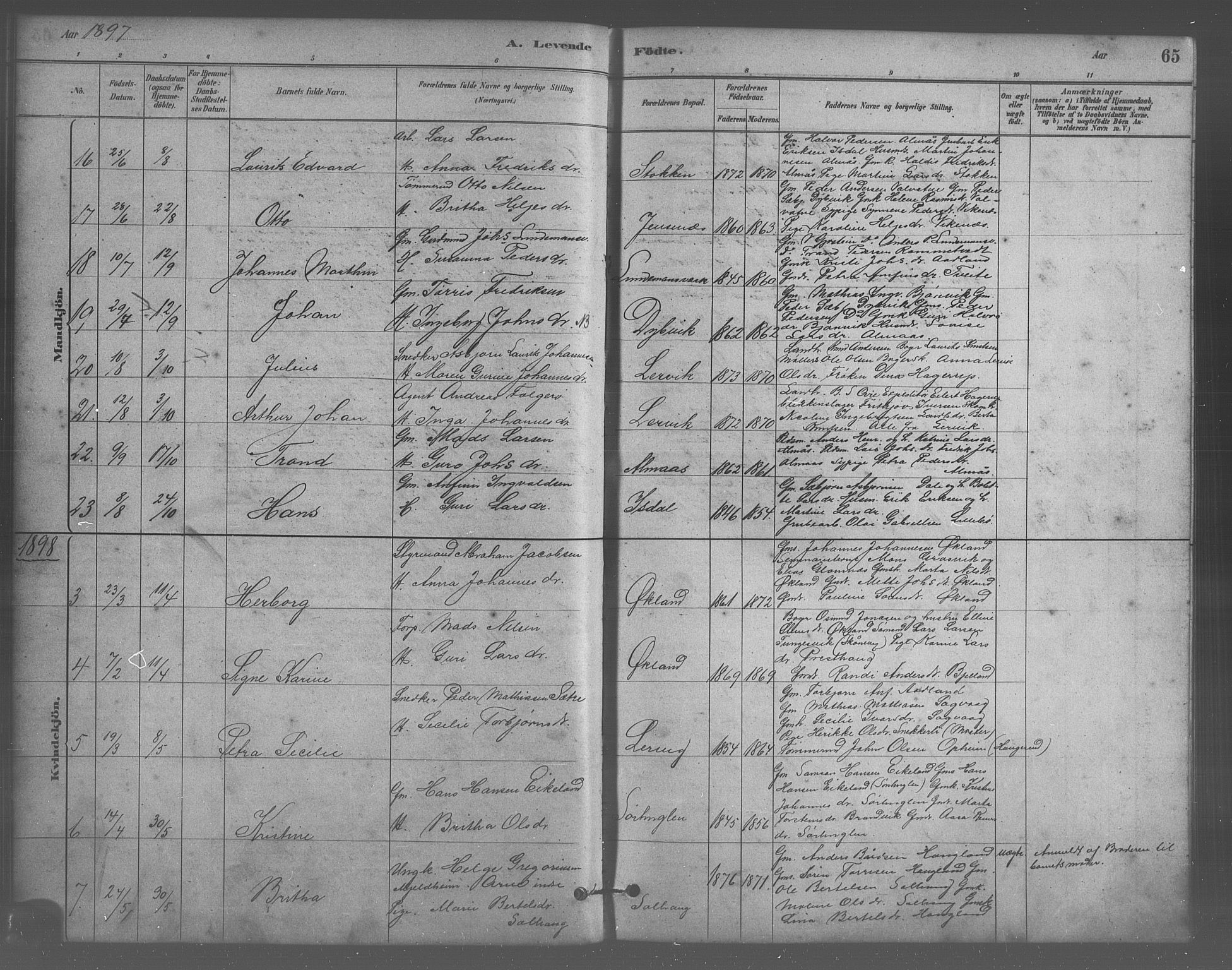Stord sokneprestembete, SAB/A-78201/H/Hab: Parish register (copy) no. A 2, 1879-1909, p. 65