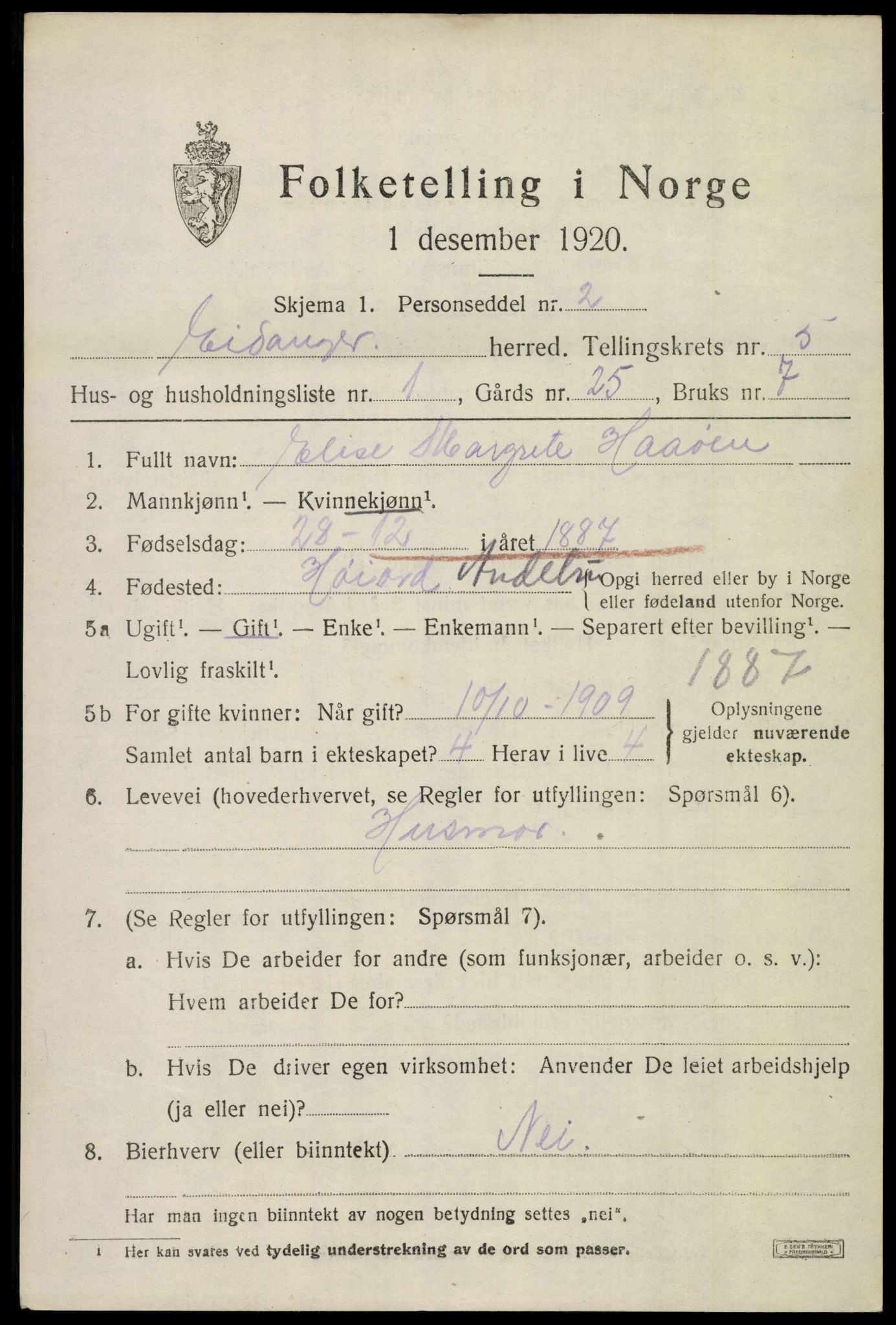 SAKO, 1920 census for Eidanger, 1920, p. 5010