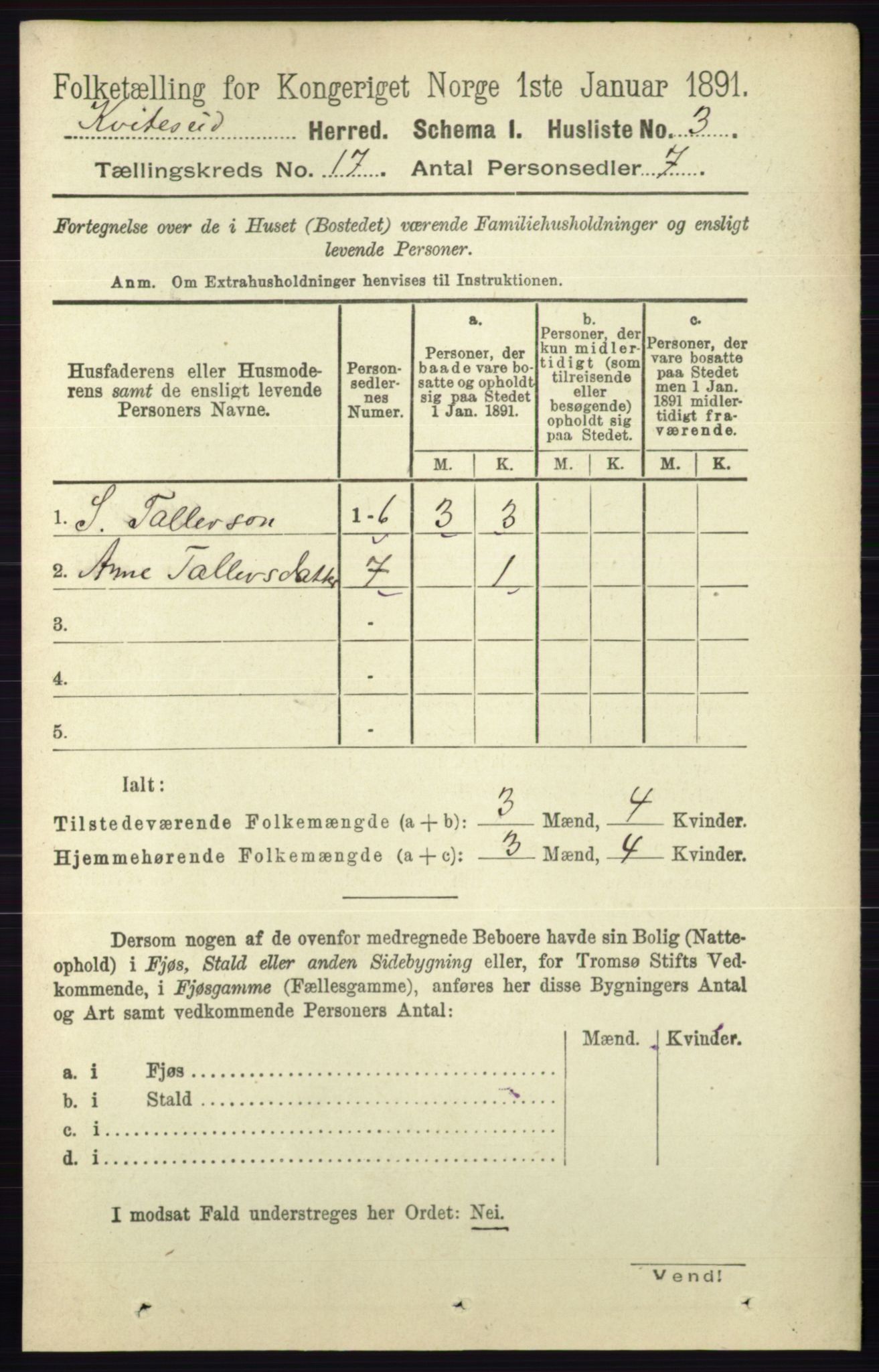 RA, 1891 census for 0829 Kviteseid, 1891, p. 3756