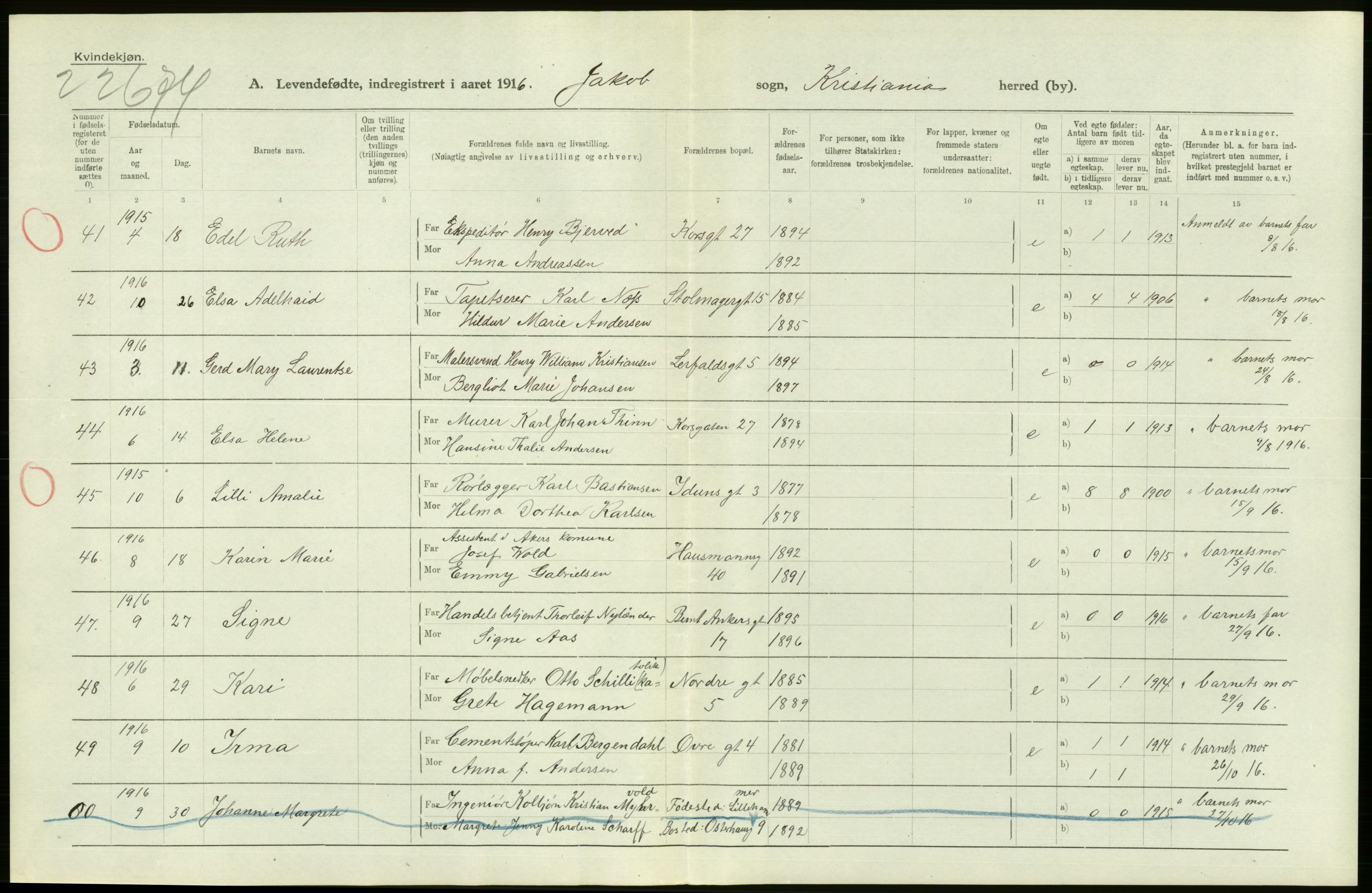 Statistisk sentralbyrå, Sosiodemografiske emner, Befolkning, AV/RA-S-2228/D/Df/Dfb/Dfbf/L0007: Kristiania: Levendefødte menn og kvinner., 1916, p. 548