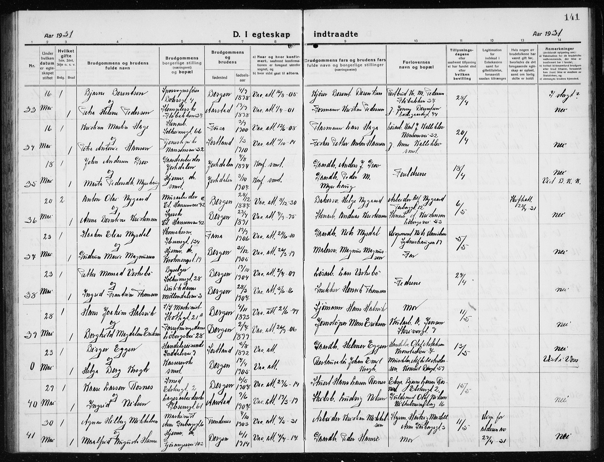 Årstad Sokneprestembete, AV/SAB-A-79301/H/Hab/L0020: Parish register (copy) no. C  2, 1920-1935, p. 141