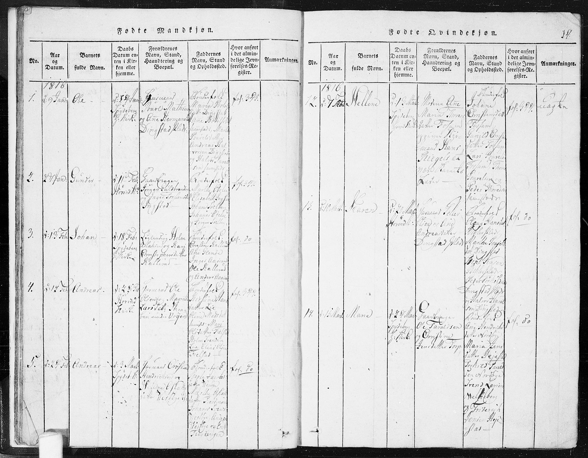 Spydeberg prestekontor Kirkebøker, AV/SAO-A-10924/F/Fa/L0004: Parish register (official) no. I 4, 1814-1841, p. 14