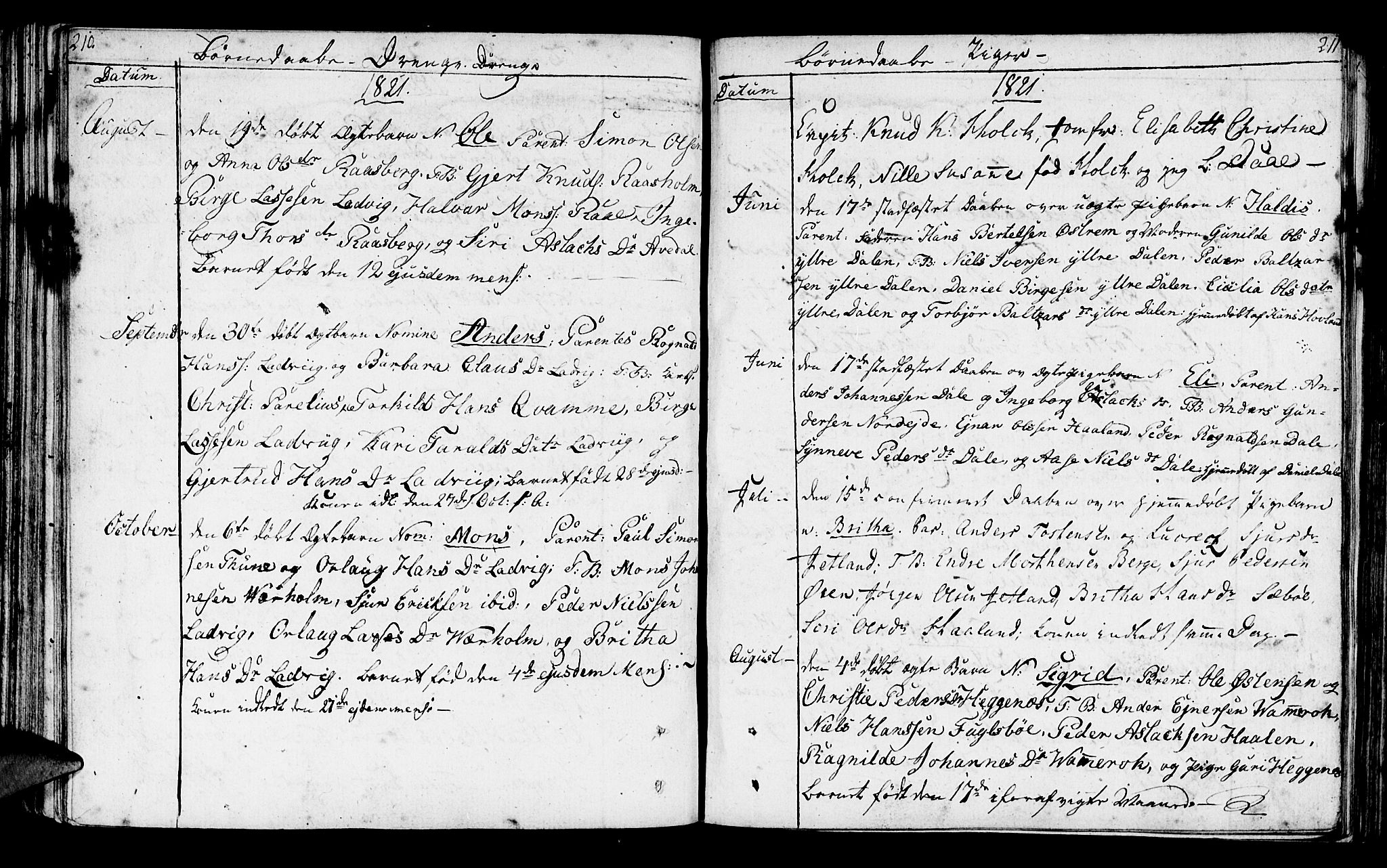 Lavik sokneprestembete, SAB/A-80901: Parish register (official) no. A 1, 1809-1822, p. 210-211