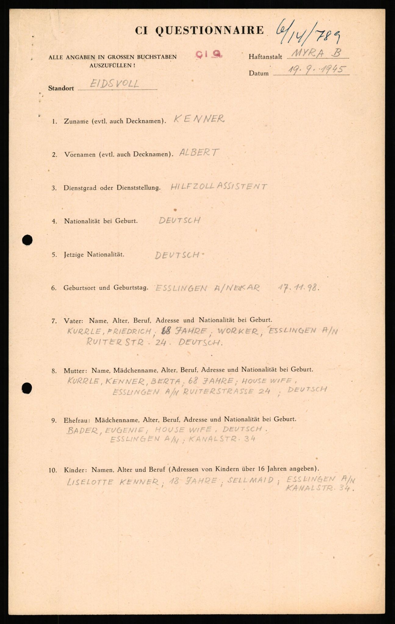 Forsvaret, Forsvarets overkommando II, AV/RA-RAFA-3915/D/Db/L0016: CI Questionaires. Tyske okkupasjonsstyrker i Norge. Tyskere., 1945-1946, p. 305