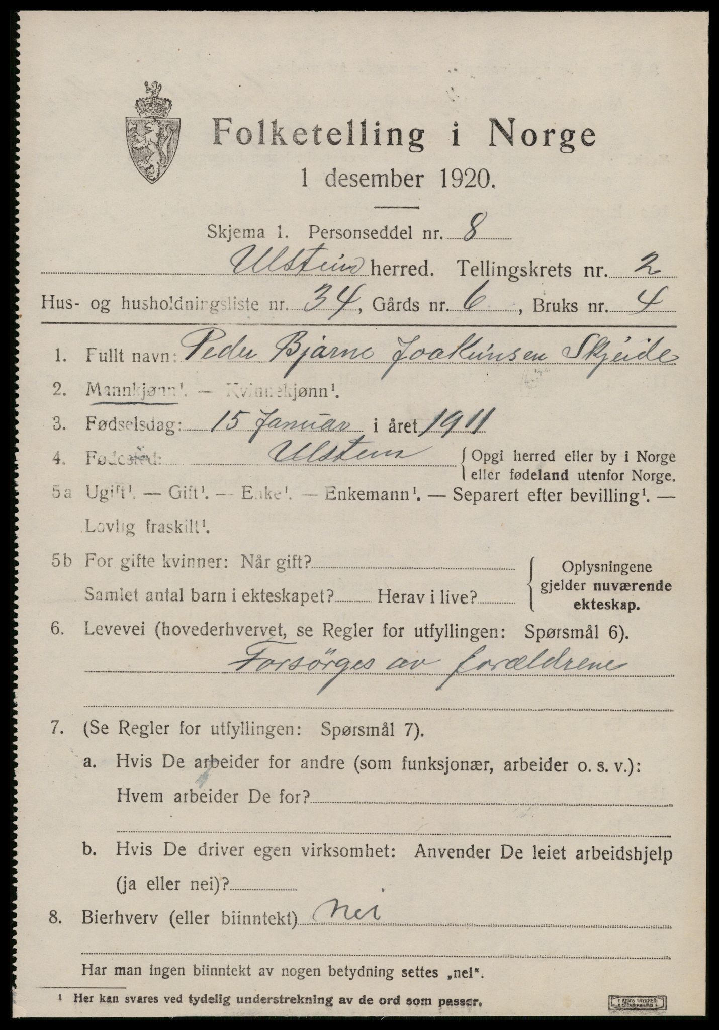 SAT, 1920 census for Ulstein, 1920, p. 1622