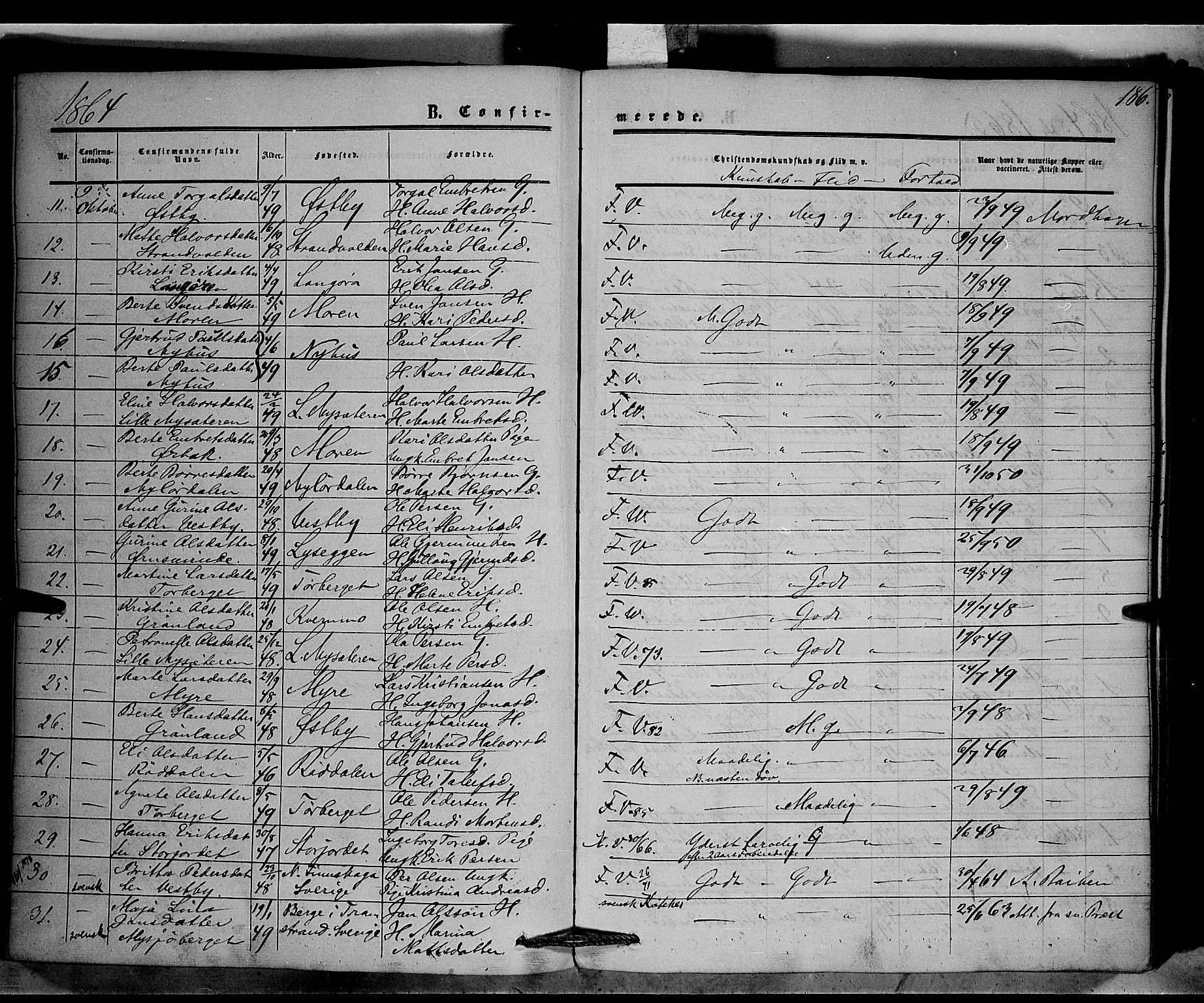 Trysil prestekontor, AV/SAH-PREST-046/H/Ha/Haa/L0005: Parish register (official) no. 5, 1851-1865, p. 186