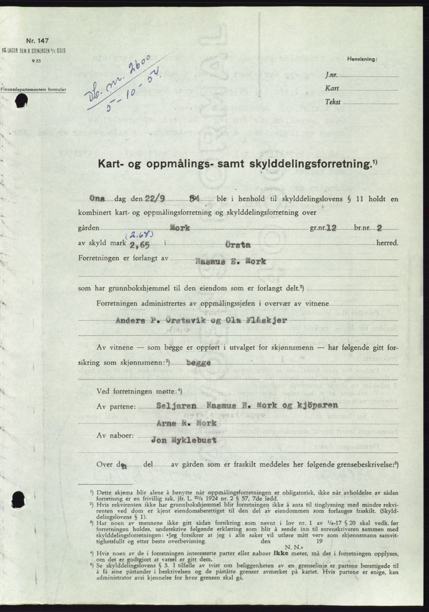 Søre Sunnmøre sorenskriveri, AV/SAT-A-4122/1/2/2C/L0099: Mortgage book no. 25A, 1954-1954, Diary no: : 2600/1954