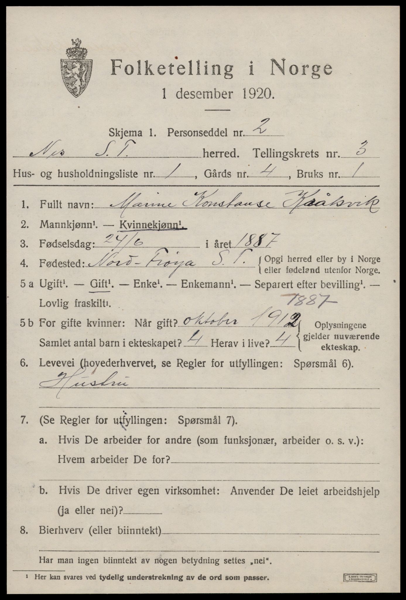 SAT, 1920 census for Nes (ST), 1920, p. 1495