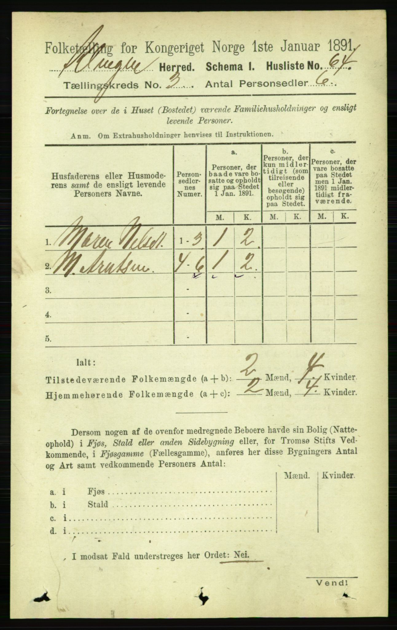 RA, 1891 census for 1746 Klinga, 1891, p. 704