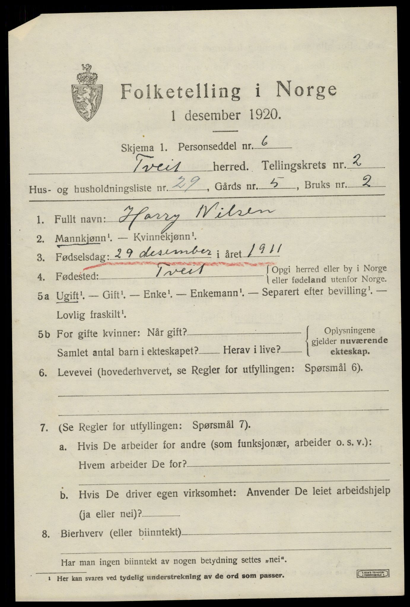 SAK, 1920 census for Tveit, 1920, p. 1480
