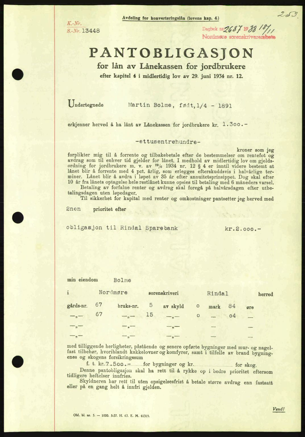 Nordmøre sorenskriveri, AV/SAT-A-4132/1/2/2Ca: Mortgage book no. B84, 1938-1939, Diary no: : 2687/1938