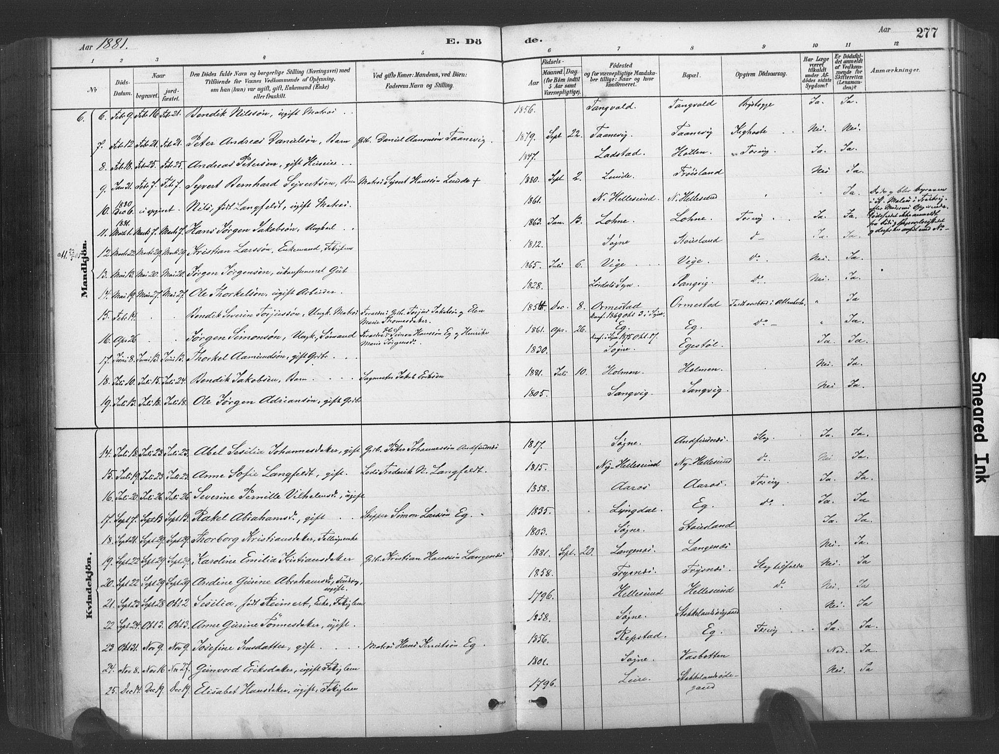 Søgne sokneprestkontor, SAK/1111-0037/F/Fa/Fab/L0012: Parish register (official) no. A 12, 1880-1891, p. 277