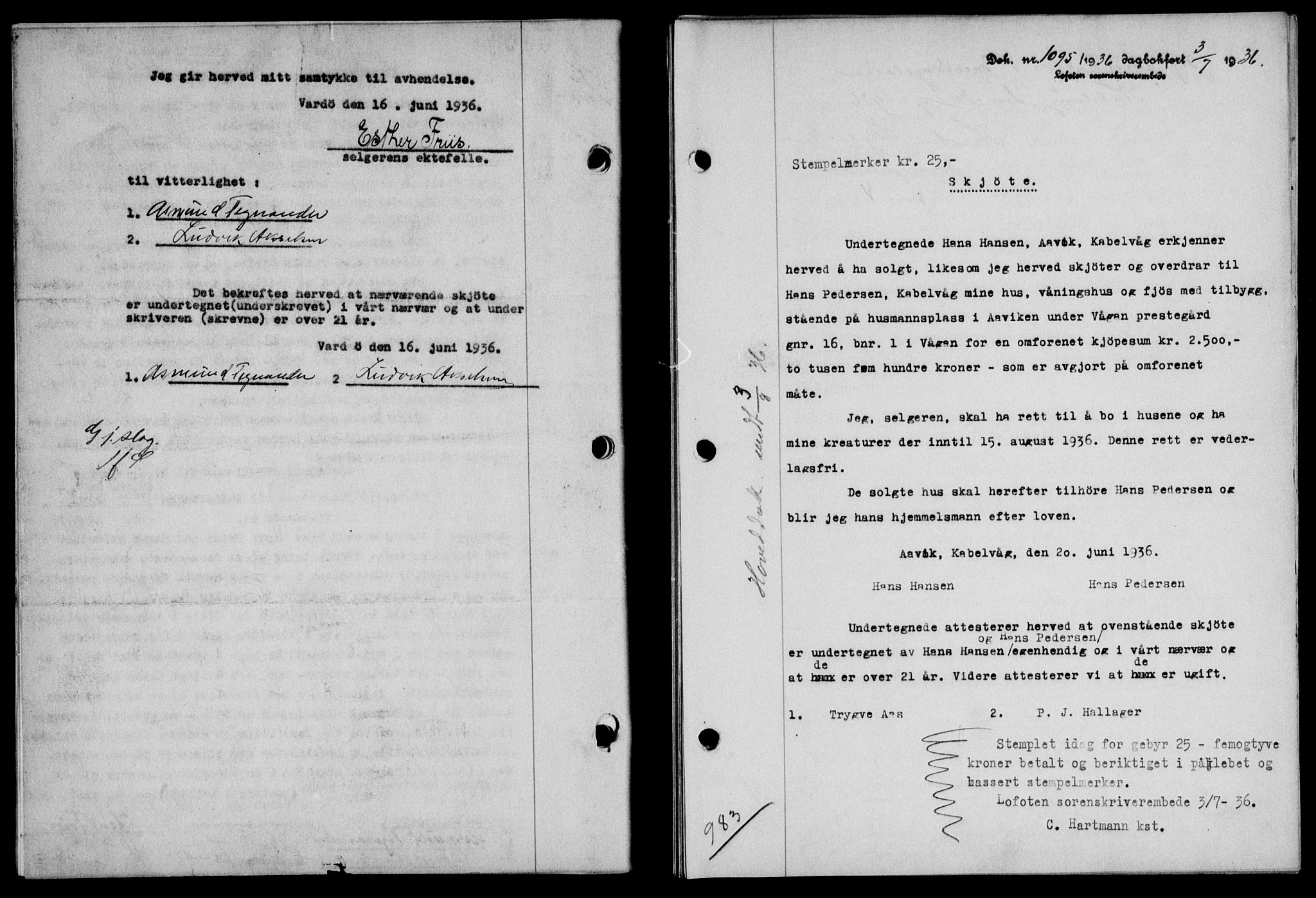 Lofoten sorenskriveri, SAT/A-0017/1/2/2C/L0001a: Mortgage book no. 1a, 1936-1937, Diary no: : 1095/1936