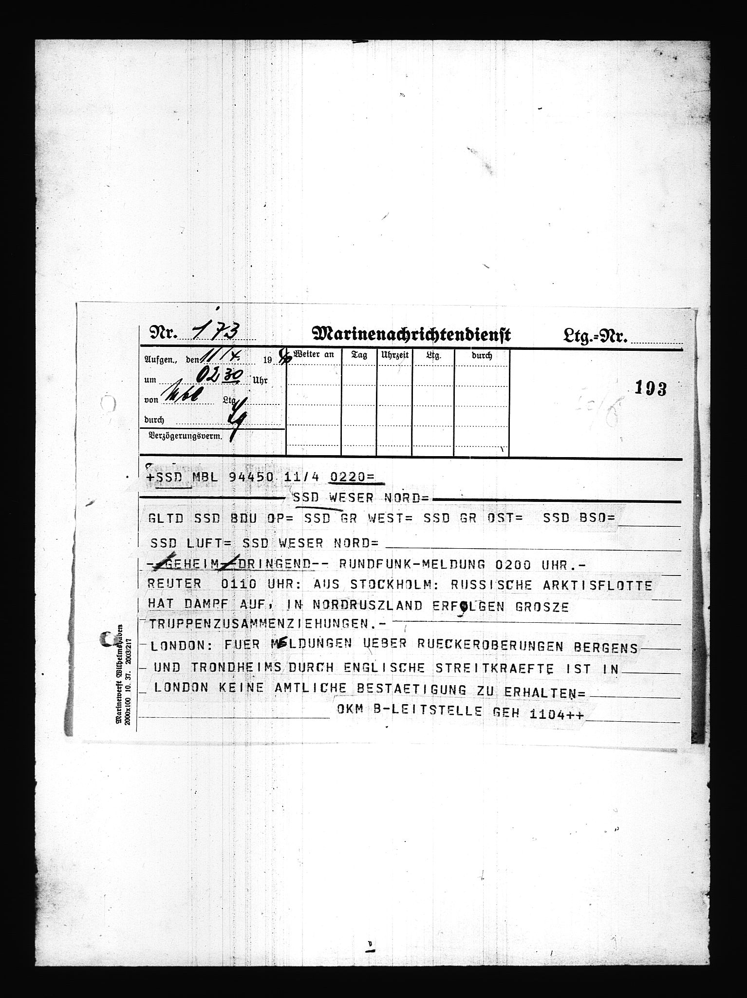 Documents Section, AV/RA-RAFA-2200/V/L0085: Amerikansk mikrofilm "Captured German Documents".
Box No. 724.  FKA jnr. 615/1954., 1940-1941, p. 67