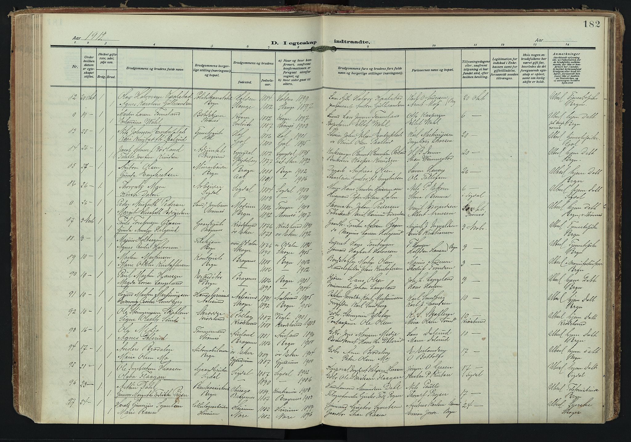 Bragernes kirkebøker, AV/SAKO-A-6/F/Fc/L0008: Parish register (official) no. III 8, 1909-1921, p. 182