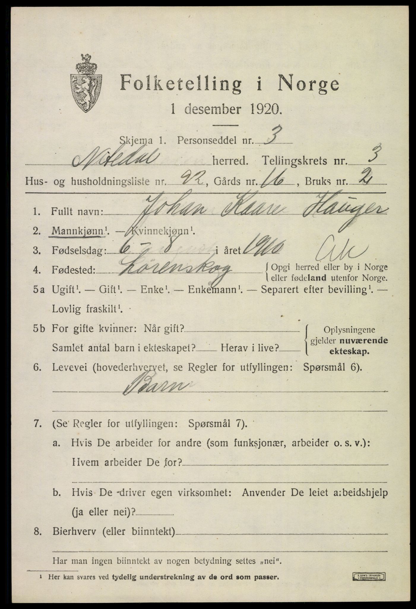 SAO, 1920 census for Nittedal, 1920, p. 4672