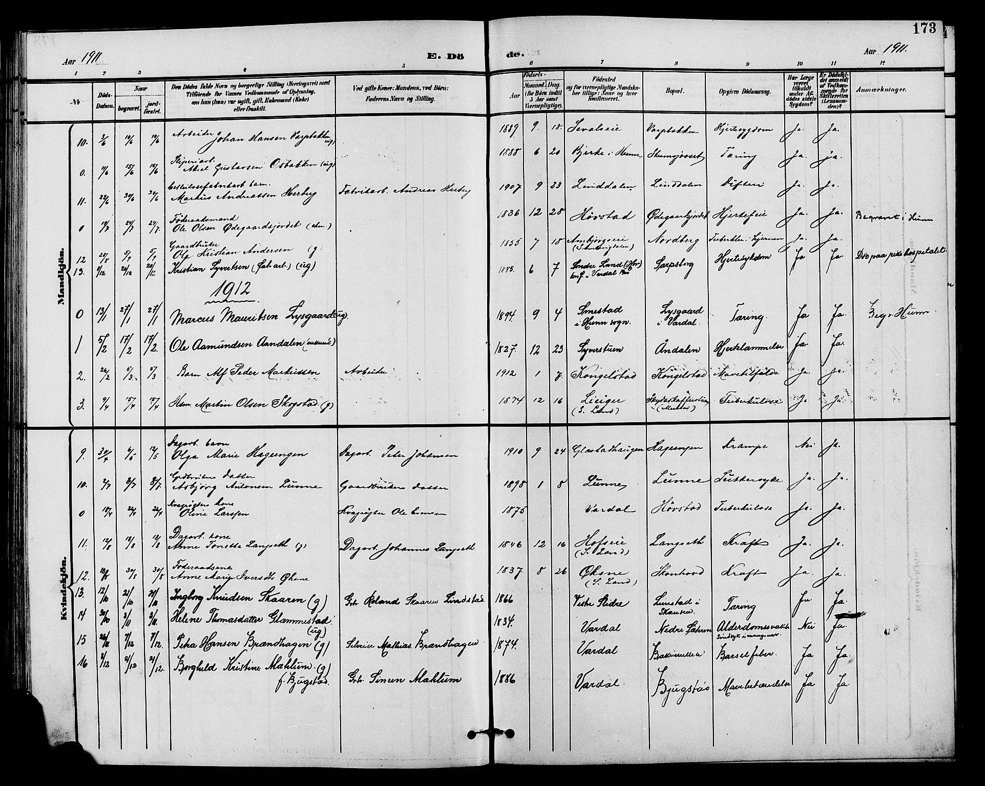 Vardal prestekontor, SAH/PREST-100/H/Ha/Hab/L0011: Parish register (copy) no. 11, 1899-1913, p. 173