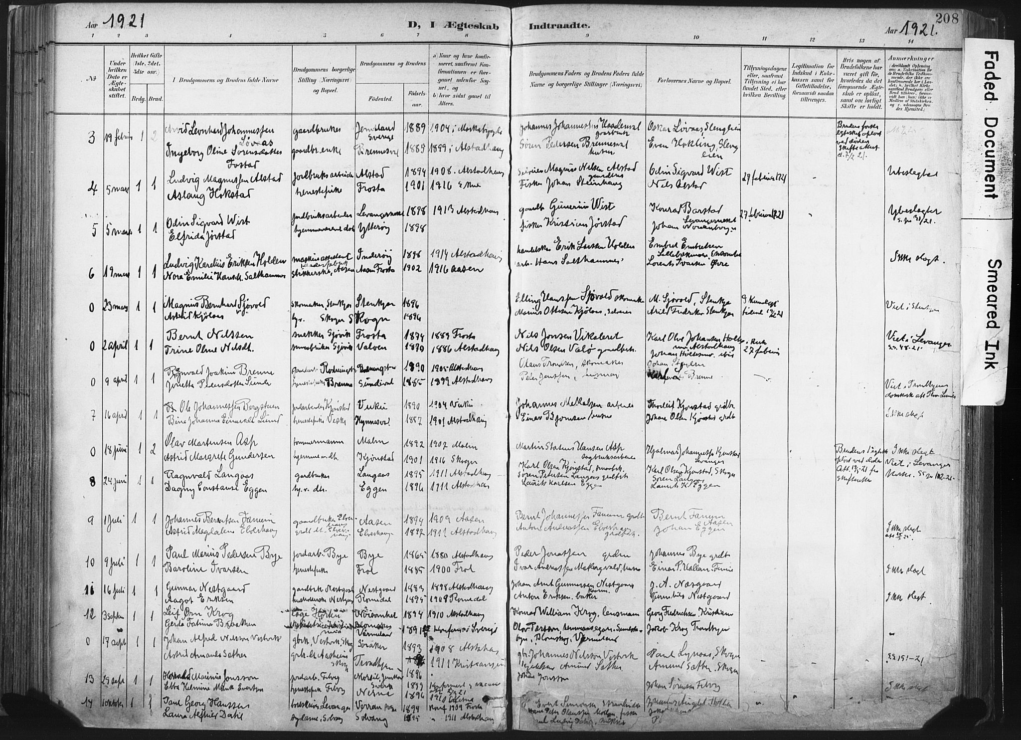 Ministerialprotokoller, klokkerbøker og fødselsregistre - Nord-Trøndelag, AV/SAT-A-1458/717/L0162: Parish register (official) no. 717A12, 1898-1923, p. 208