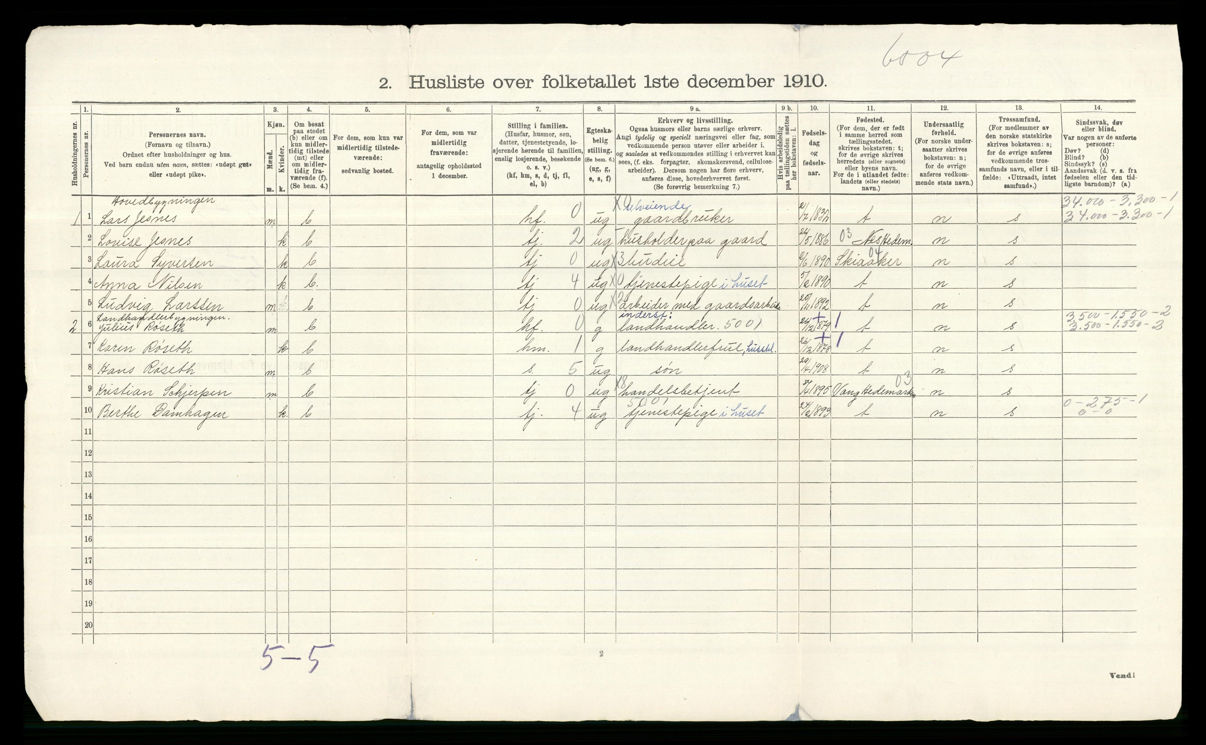 RA, 1910 census for Furnes, 1910, p. 43