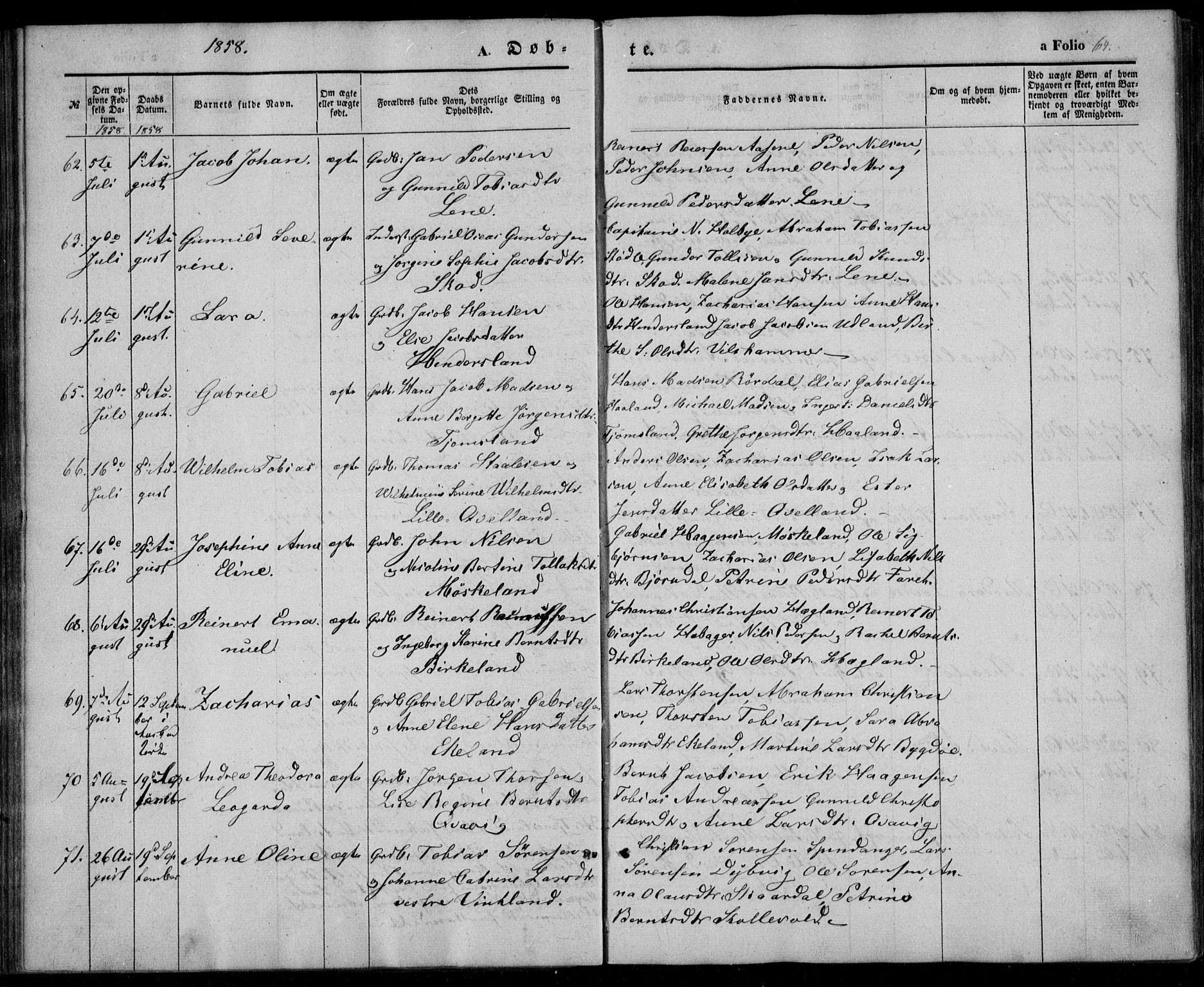 Lyngdal sokneprestkontor, SAK/1111-0029/F/Fa/Fac/L0009: Parish register (official) no. A 9, 1852-1864, p. 64